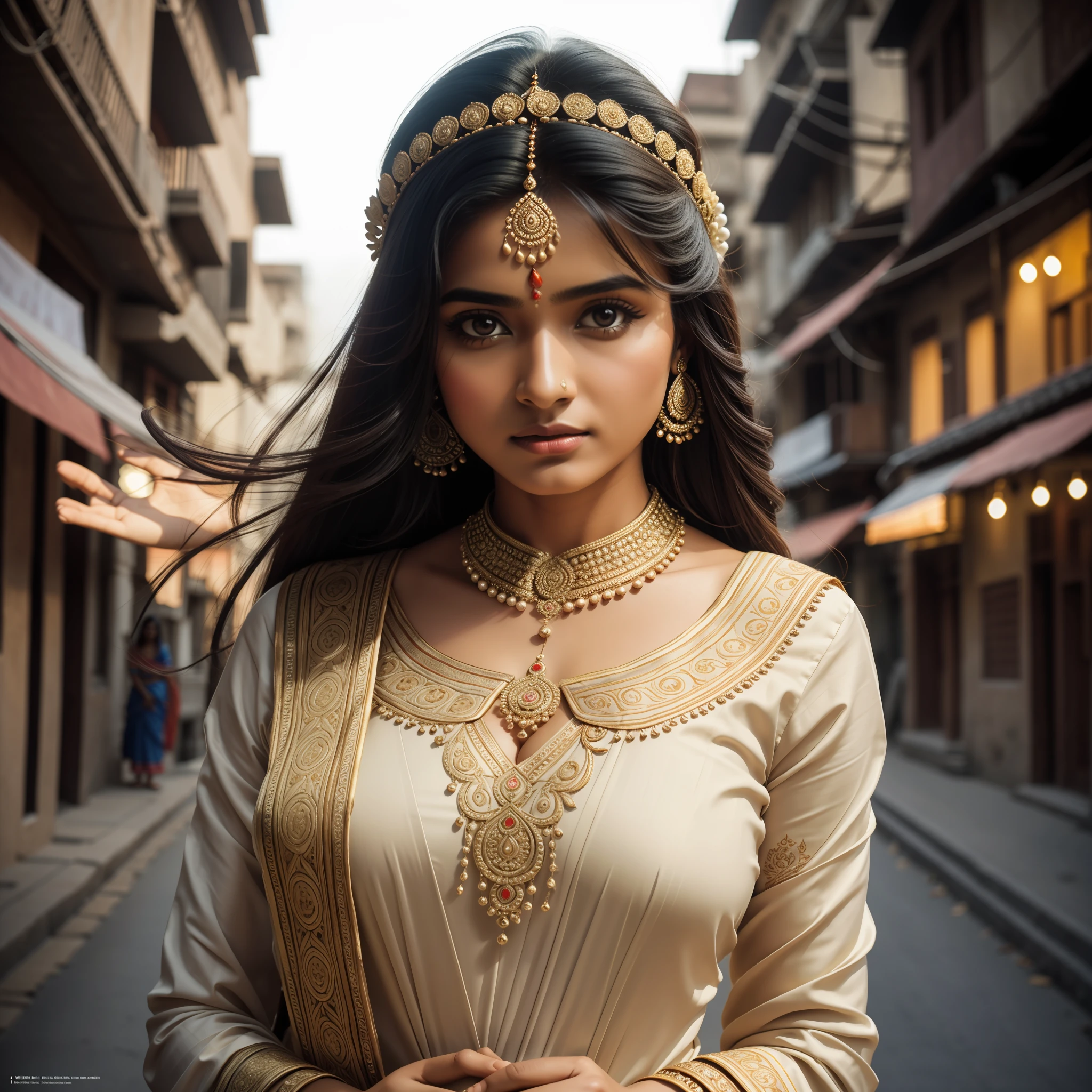 masterpiece, ultra detailed, hindi beautiful woman, india, wearing traditional hindi attire, wearing sari, long hair, windy, wearing, (night:1.2), detailed shadow, detailed face textures , Indian city background, Canon 5D, 50mm lens, F/4 aperture, (super detail, intricate detail), sharp focus, soft colors, 8k, absurdity, 8mm film grain, war photography, extremely beautiful, Big Breast