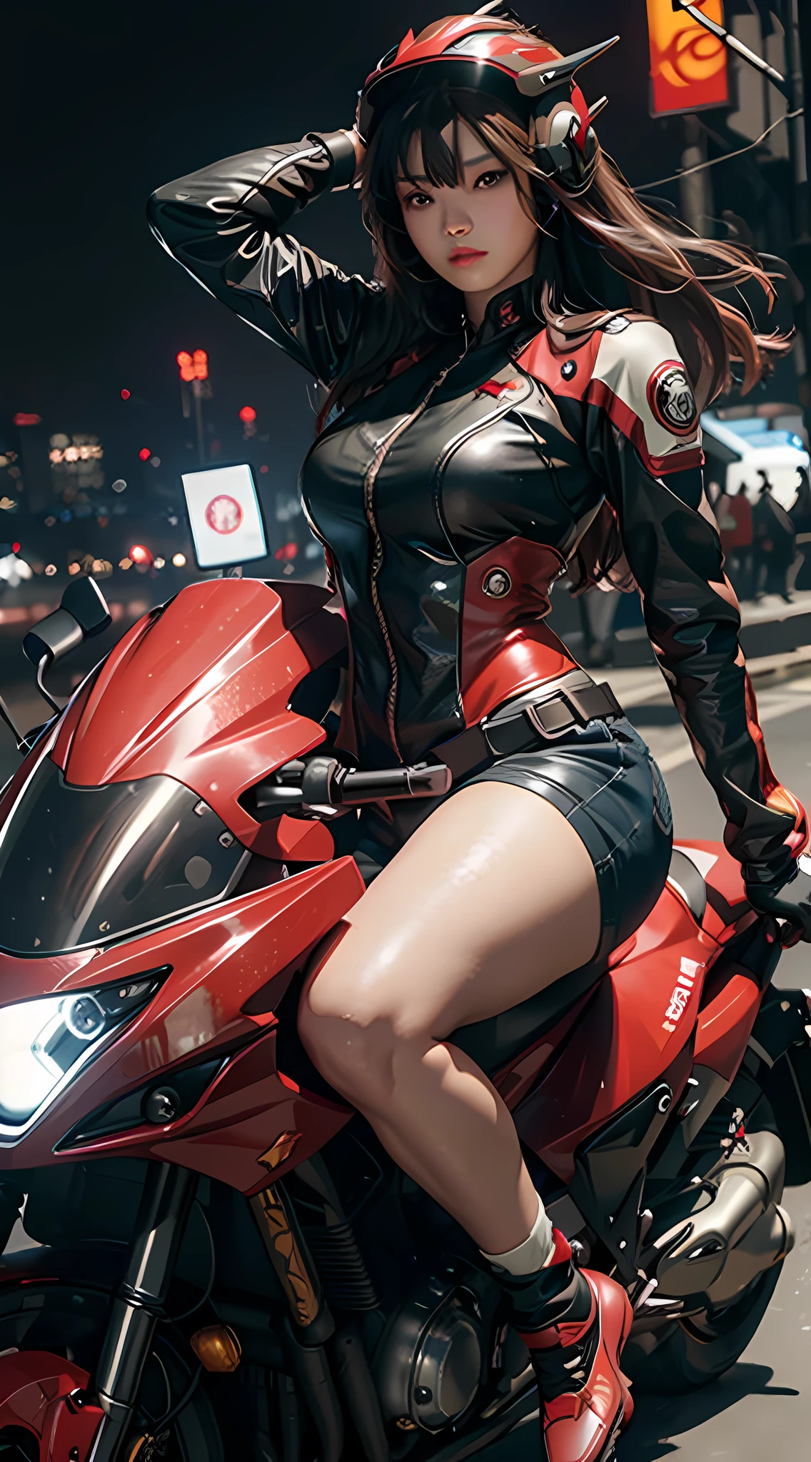 Highest image quality, outstanding details, ultra-high resolution, (realism: 1.4), the best illustration, favor details, highly condensed 1girl, with a delicate and beautiful face, dressed in red and black mecha, wearing a mecha helmet, holding a direction controller, riding on a motorcycle, the background is a high-tech lighting scene of the future city.