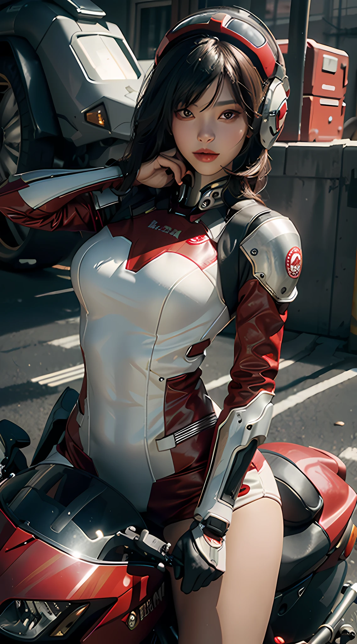 Highest image quality, outstanding details, ultra-high resolution, (realism: 1.4), the best illustration, favor details, highly condensed 1girl, with a delicate and beautiful face, dressed in red and black mecha, wearing a mecha helmet, holding a direction controller, riding on a motorcycle, the background is a high-tech lighting scene of the future city.