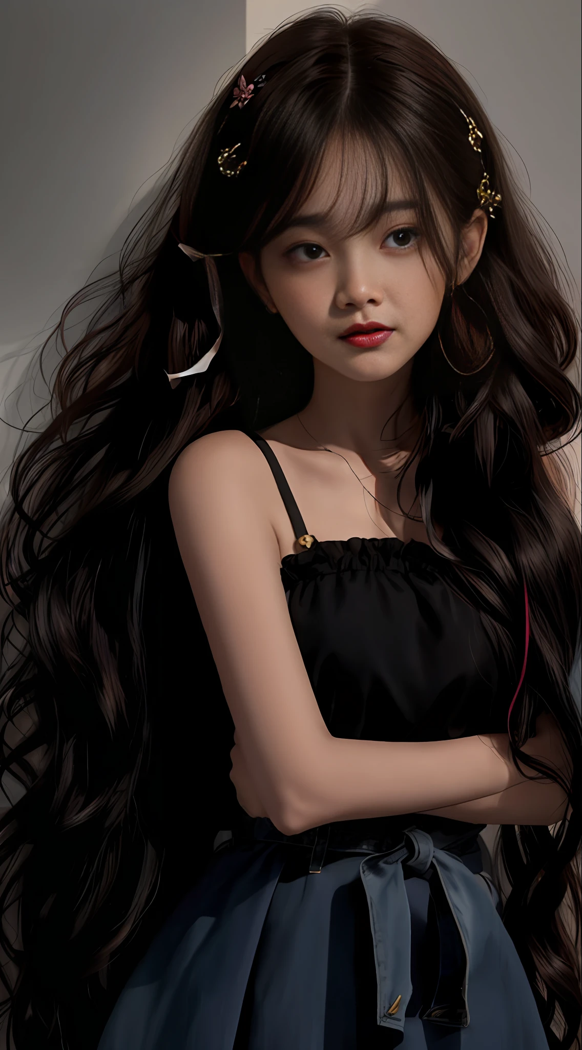 18 years old, pure desire, high-end, black, absolutely beautiful,multicolored hair, asymmetrical hair, wavy hair, hairclip, hairpin, hair ribbon, raised eyebrows, hollow eyes, tears, wide eyes, crying, parted lips, shy, grin