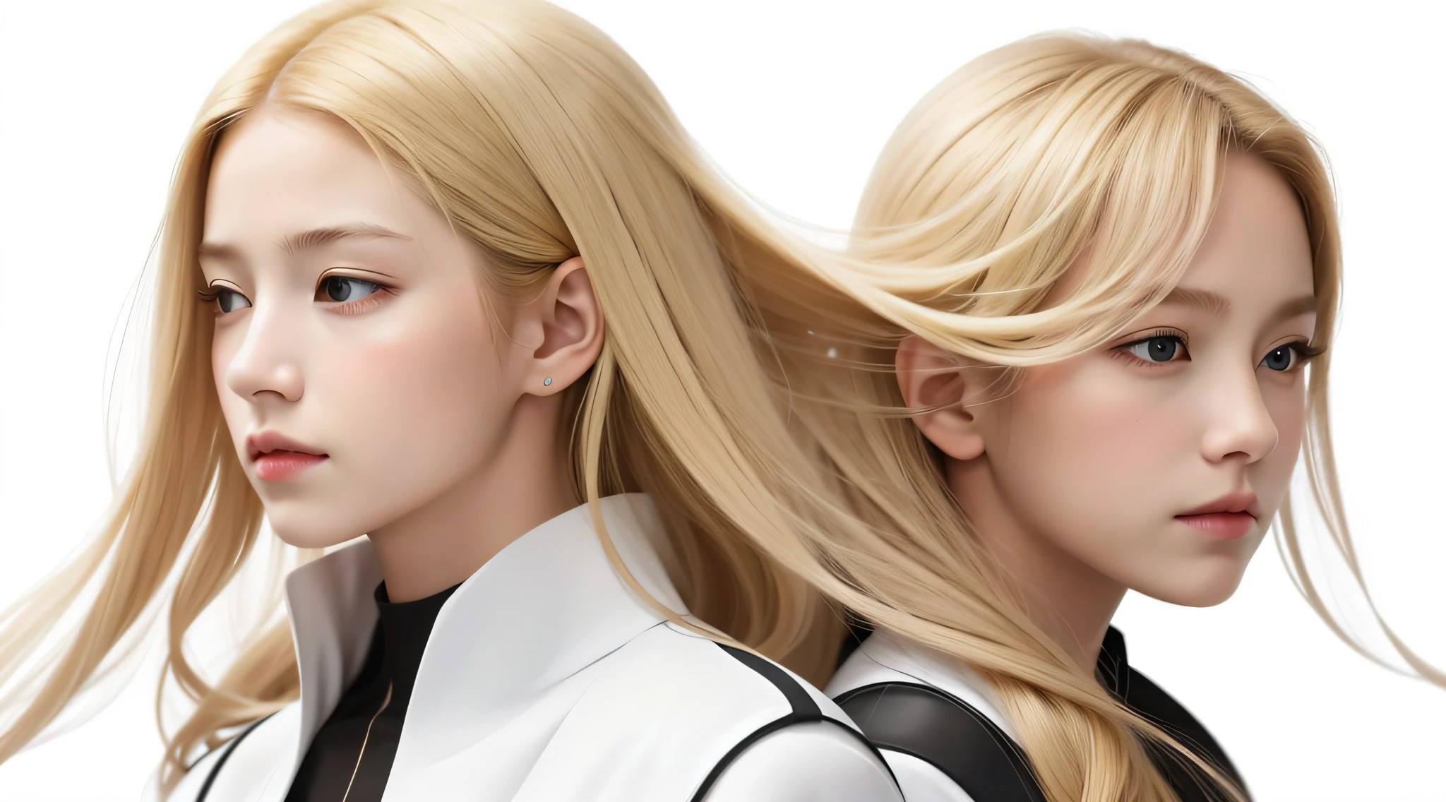 masterpiece, best quality, realistic, girl, BLONDE hair, long hair, broad shoulders, small head, upper body, (white background: 1.3), mouth closed.