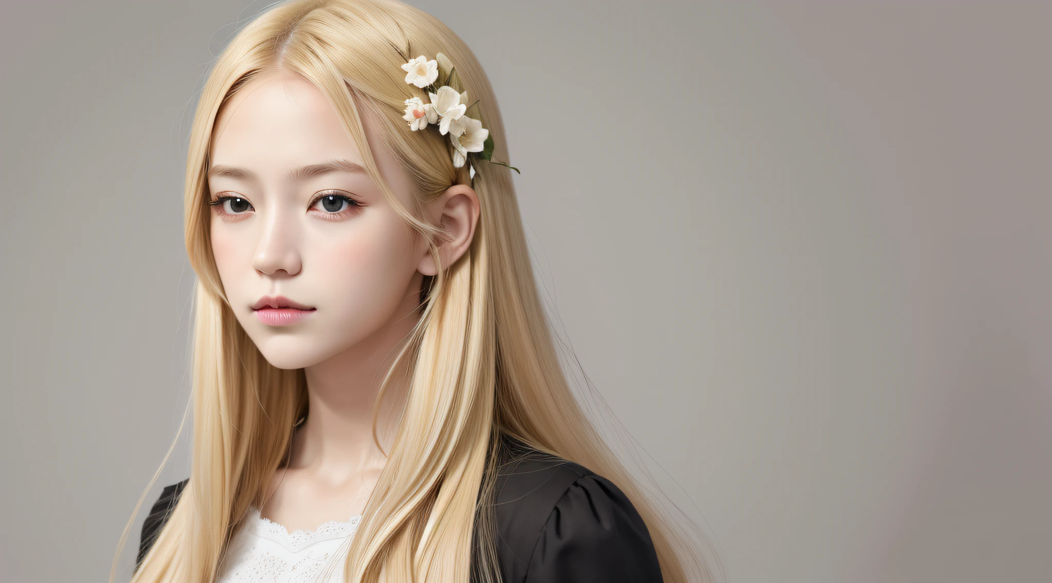 masterpiece, best quality, realistic, child girl, BLONDE hair, long hair, broad shoulders, small head, upper body, (white background: 1.3), mouth closed.