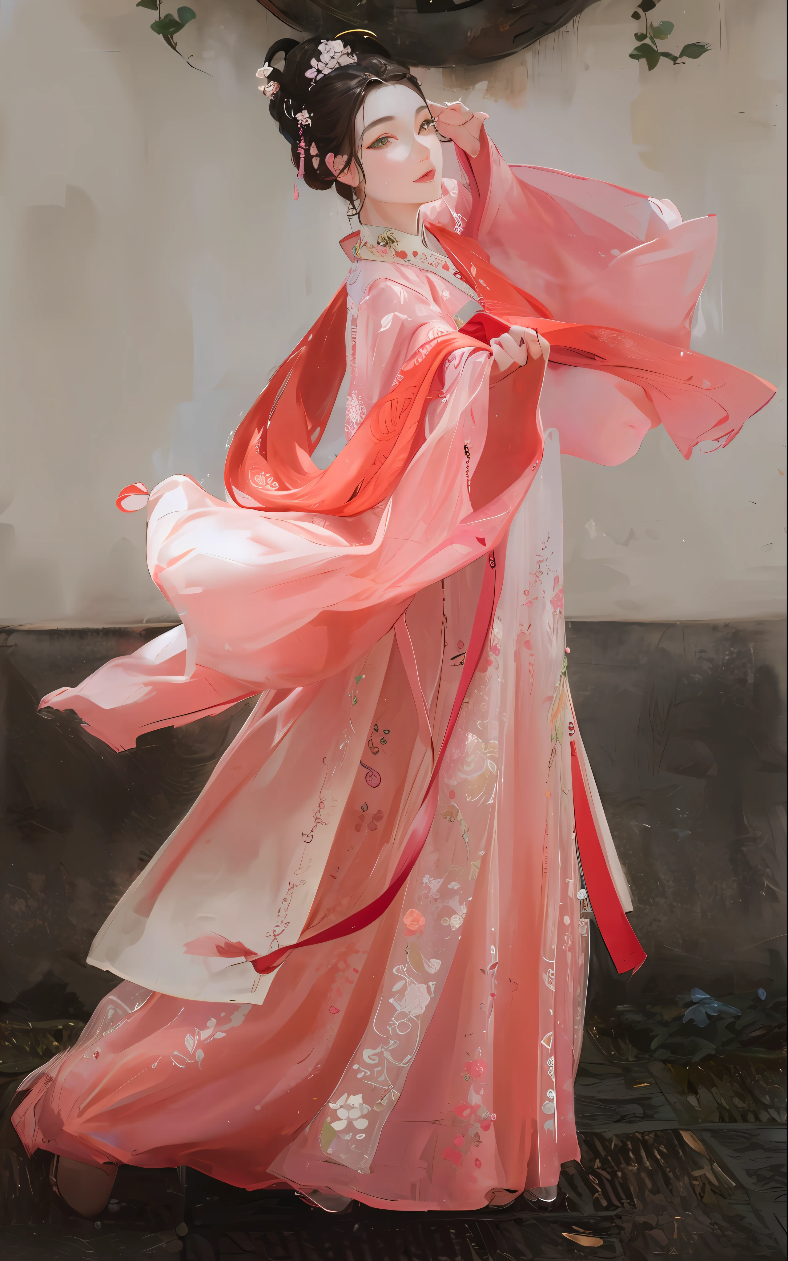 Masterpiece, best, night, full moon, 1 female, mature woman, Chinese style, ancient China, elder sister, royal sister, smile, dark brown hair, dark hair, princess cut, braid, curly hair, double ball head, pale pink Lips, calm, intellectual, medium hair, green pupils, hairpin, hydrangea, delicate face, face close-up, hand close-up