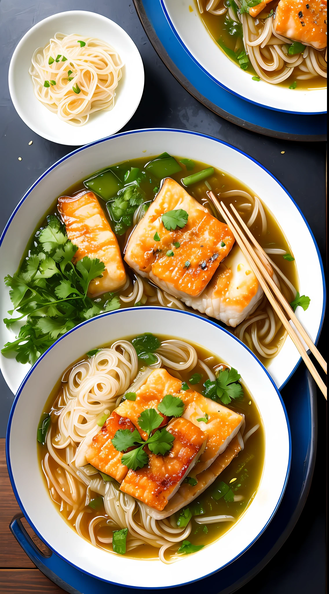 Food photography, close-up, Hong Kong-style Yunnan soup fish fillet across the bridge rice noodles, blue and white bowl, water steam