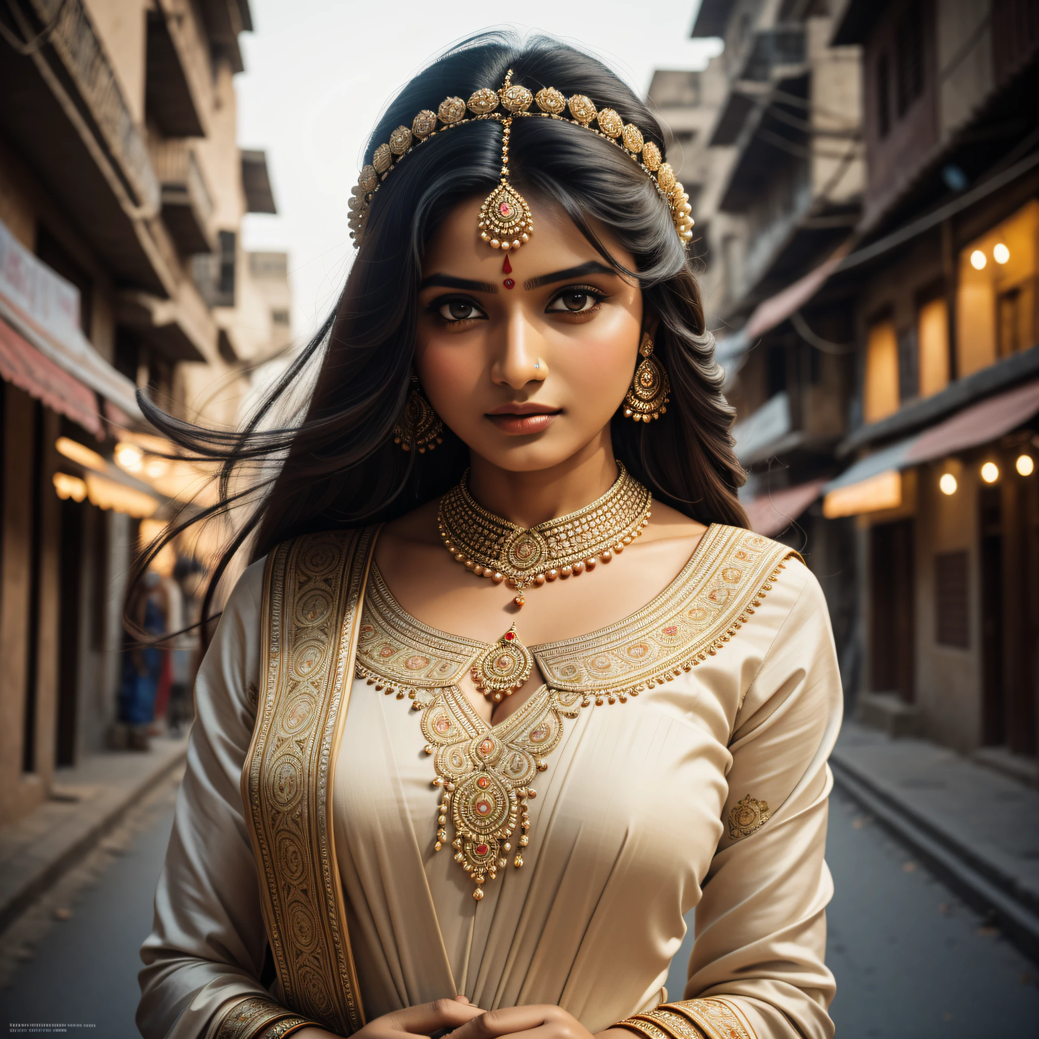 masterpiece, ultra detailed, hindi beautiful woman, india, wearing traditional hindi attire, wearing sari, long hair, windy, wearing, (night:1.2), detailed shadow, detailed face textures , Indian city background, Canon 5D, 50mm lens, F/4 aperture, (super detail, intricate detail), sharp focus, soft colors, 8k, absurdity, 8mm film grain, war photography, extremely beautiful, Big Breast