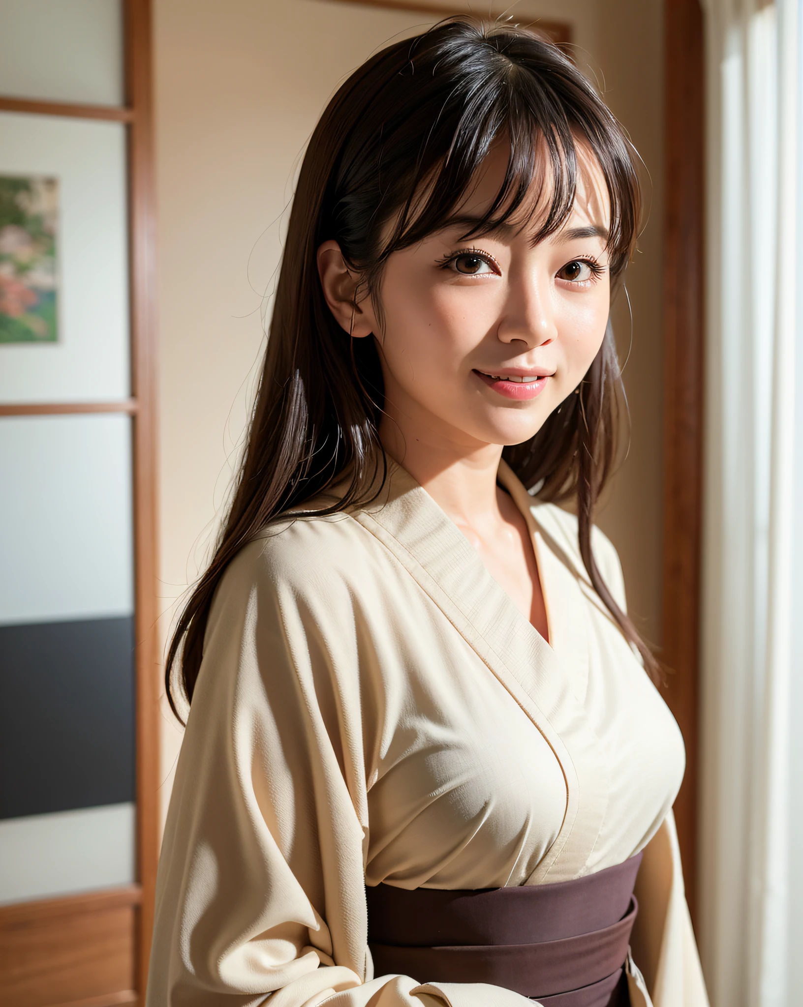 Top Quality, Face Focus, (Depth of Field), Ultra High Resolution, (Photorealistic: 1.4), RAW Photography, Japanese-Style Room, Alcove, Hanging Scroll (Portrait: 1.4) 1 Japan Girl, Solo, Cute, Smile, (Brown Eyes), Natural Face, (Midi Hair), (Kimono: 1.5), (Big)