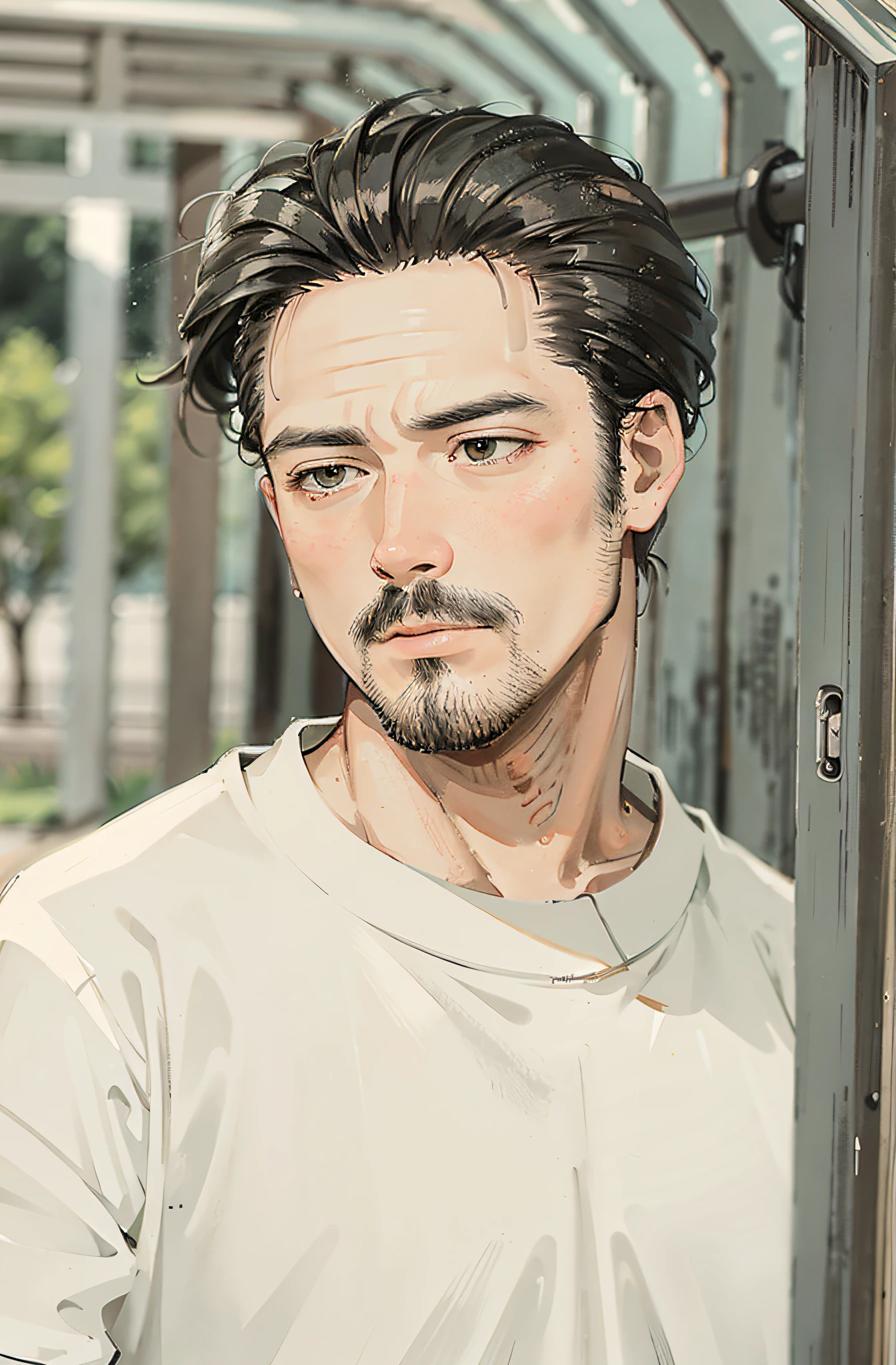 HD, (Best Detail) (Best Quality), There is a man standing by the fence holding a mobile phone, ink painting, (Chinese style), detailed and delicate face, serafuku,