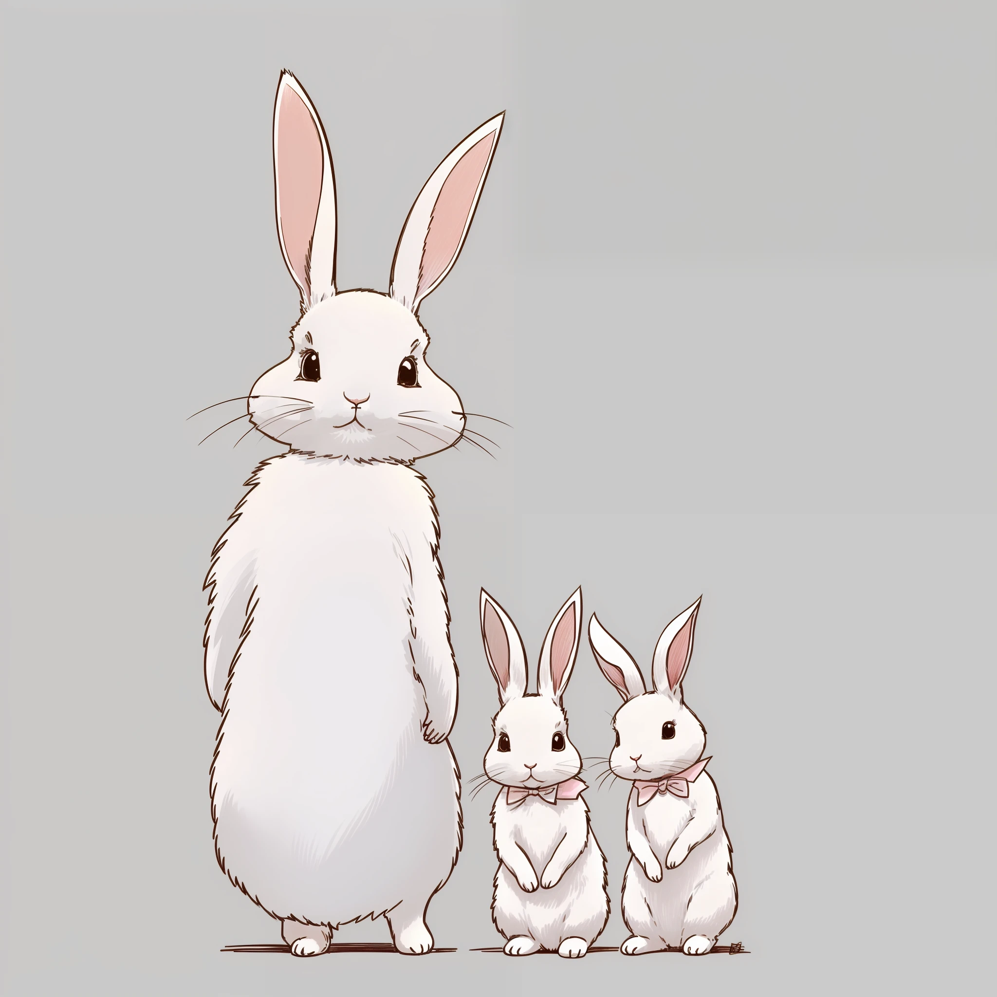 (facing back: 1.5), setting drawing, children's picture book drawing, dressed rabbit, white rabbit, bipedal, rabbit personification, three-headed, (cute: 1.5), color illustration, deformed rabbit,