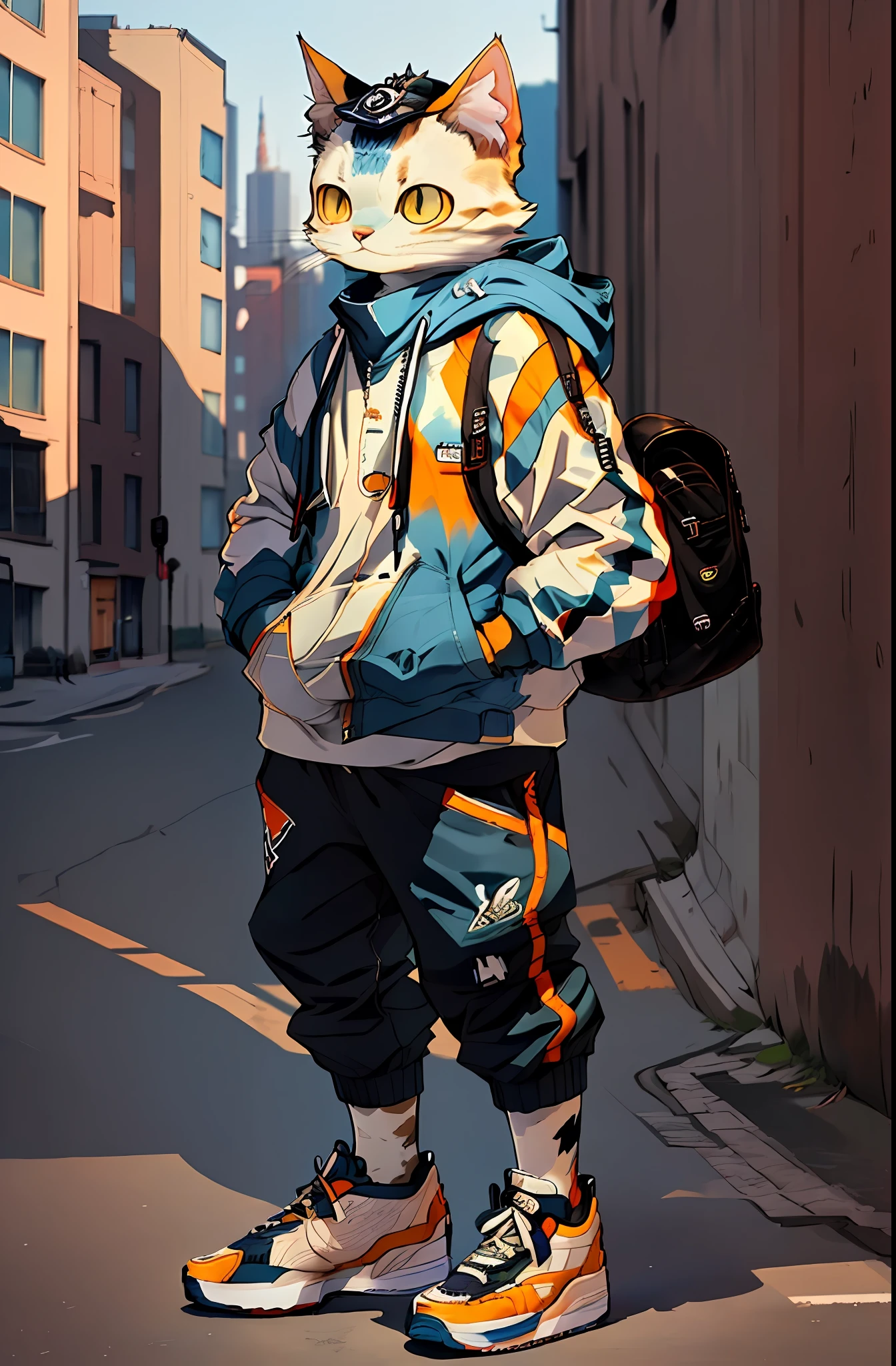 1 beautiful cat ((soil)) (((anthropomorphic,))) , full body, centered, with sportswear with animal graphic pattern, hood on the back, sneakers, urban background, 80's american city, ultra-realistic, midday light,