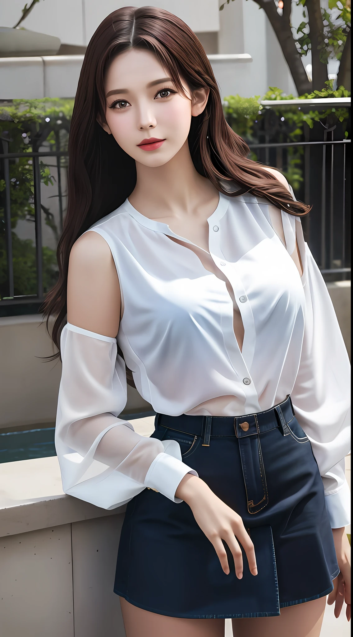 Best Quality, Masterpiece, One Girl, Beautiful Face, (Photorealistic Photos:1.3), Rim Lighting, (High Detail Skin:1.2), 8K UHD, DSLR, High Quality, High Definition, 4K, 8K, Bokeh, Absurdity, Best Ratio Four Fingers and One Thumb, (Real: 1.3), Cute 1 Girl, Wearing Wet Sheer White Blouse, No Bra,Middle Breasts, Short Skirt of Thin Fabric,