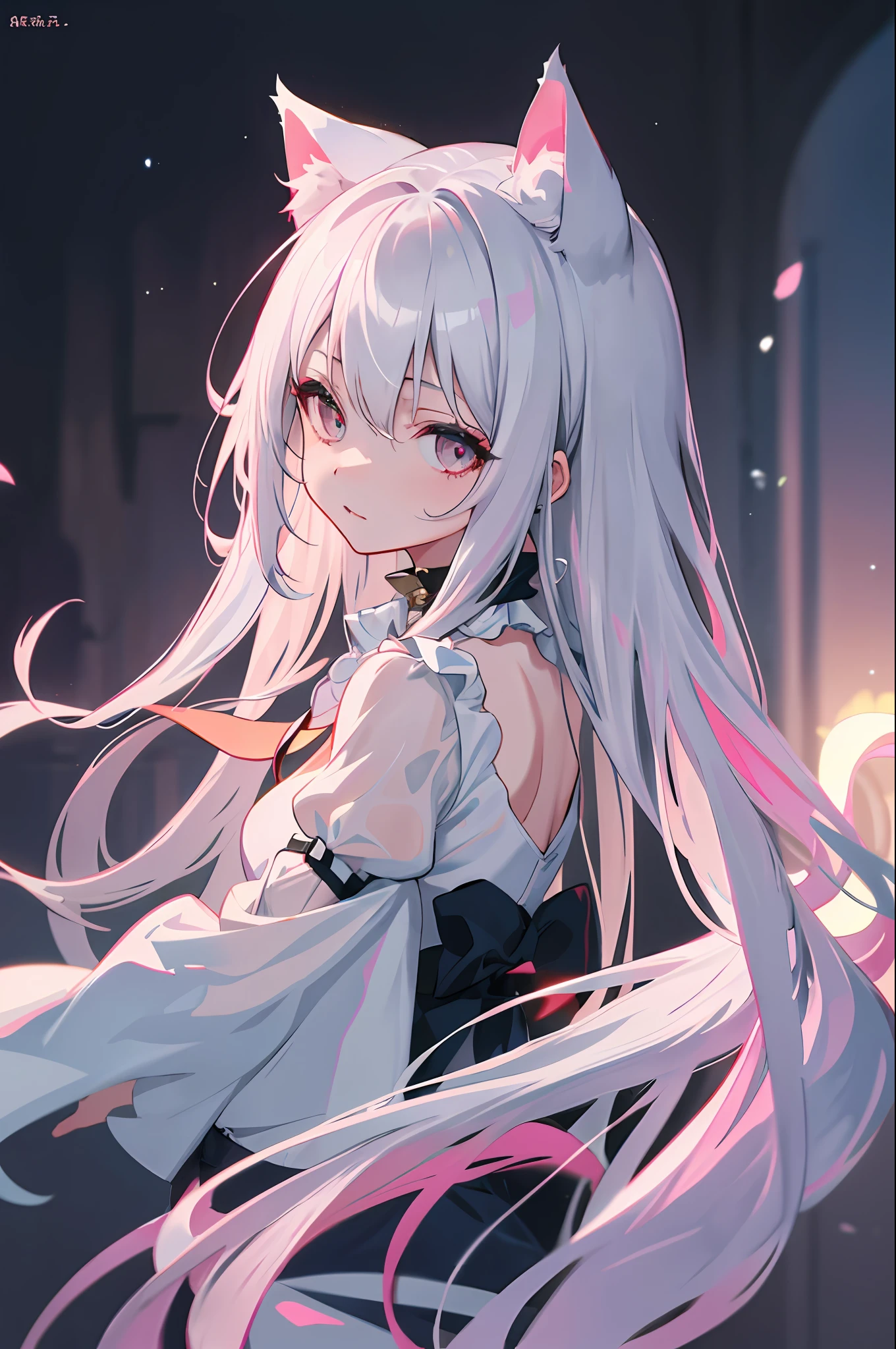 Best Quality, One Girl, Warm Lighting, Silver Hair on the Top of the Head and Pink at the Tips, Cute, Anime, Sheer White Skin, Asian Girl, Full Body, Sensual, Gentle Eyes, Cat Ears, Animation, Fantasy, Seductive, Shy Face, 14 Years Old, Frightened, White Dress, Collar, Tail, Wizard, Fantastic, Portrait, See-Through