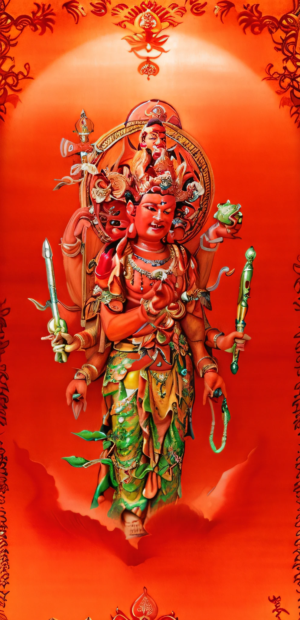 painting of a red god with a sword and a hat, asura from chinese myth, narasimha, vishnu, kali, attractive male deity, oni, hindu god, evil god, mara demon, mika kurai demon, thangka, by Kanō Tan'yū, by Caroline Mytinger, 3 spring deities