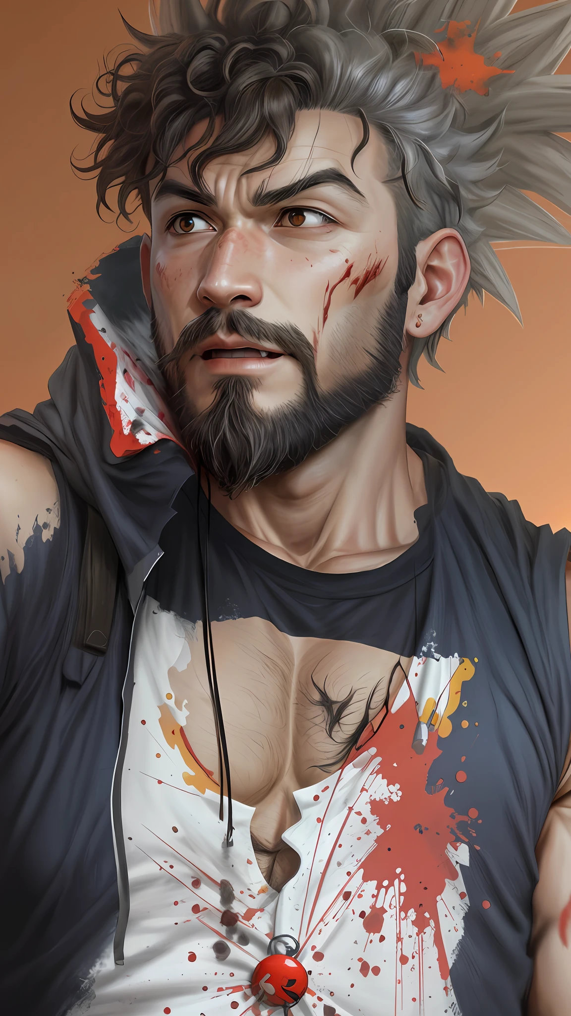 Realistic Goku, bleeding, facial hair, beard, curly hair