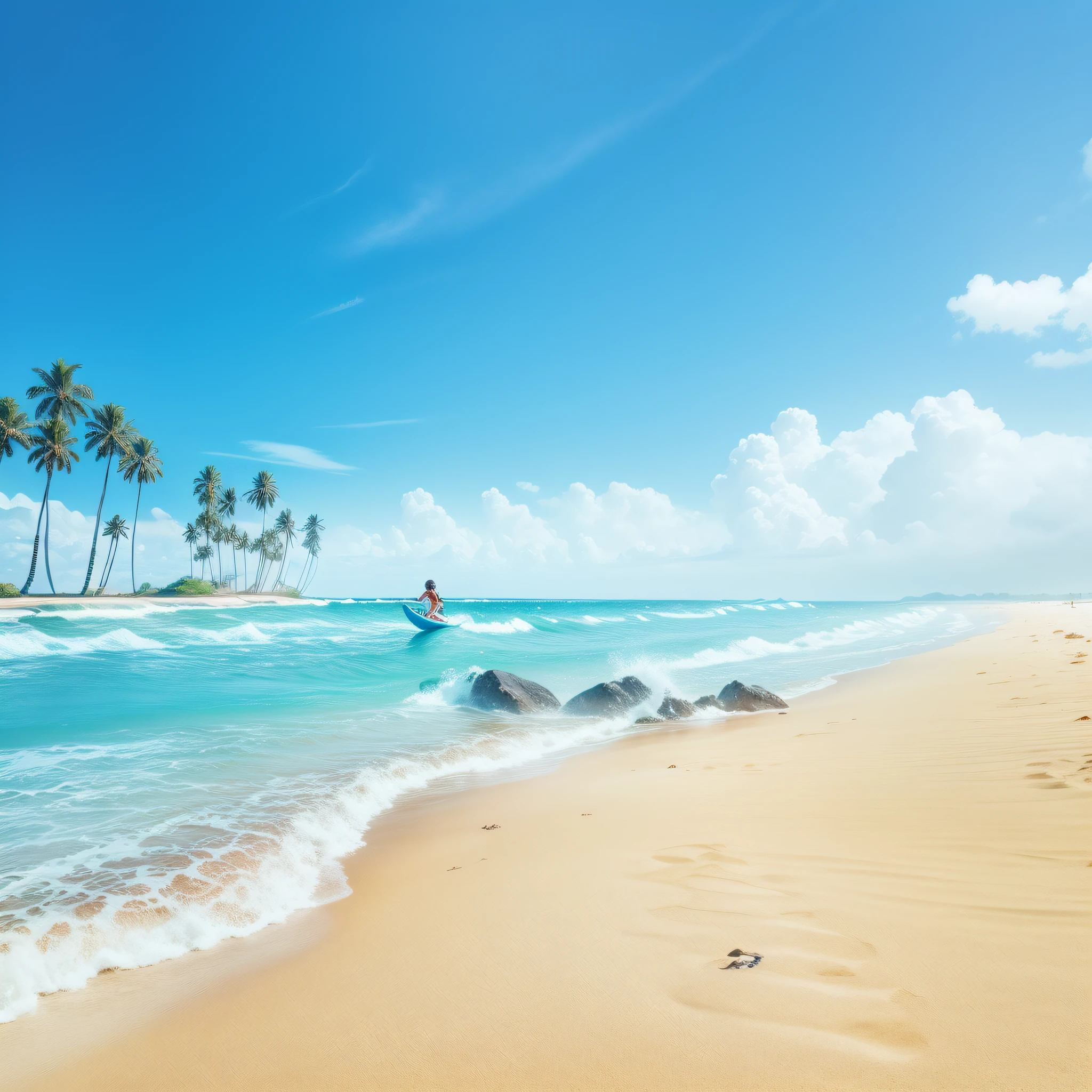 Masterpiece, best quality, HD photos, 8K, summer, there is a woman surfing, blue sky and white clouds, beach, waves, reef, stones, coconut trees, promotional rendering, popular on Behance 3 D art, popular on Behance 3D art, 3D CG, movie promotional images, propaganda art, CG artist, official illustration, promotional poster --auto --s2