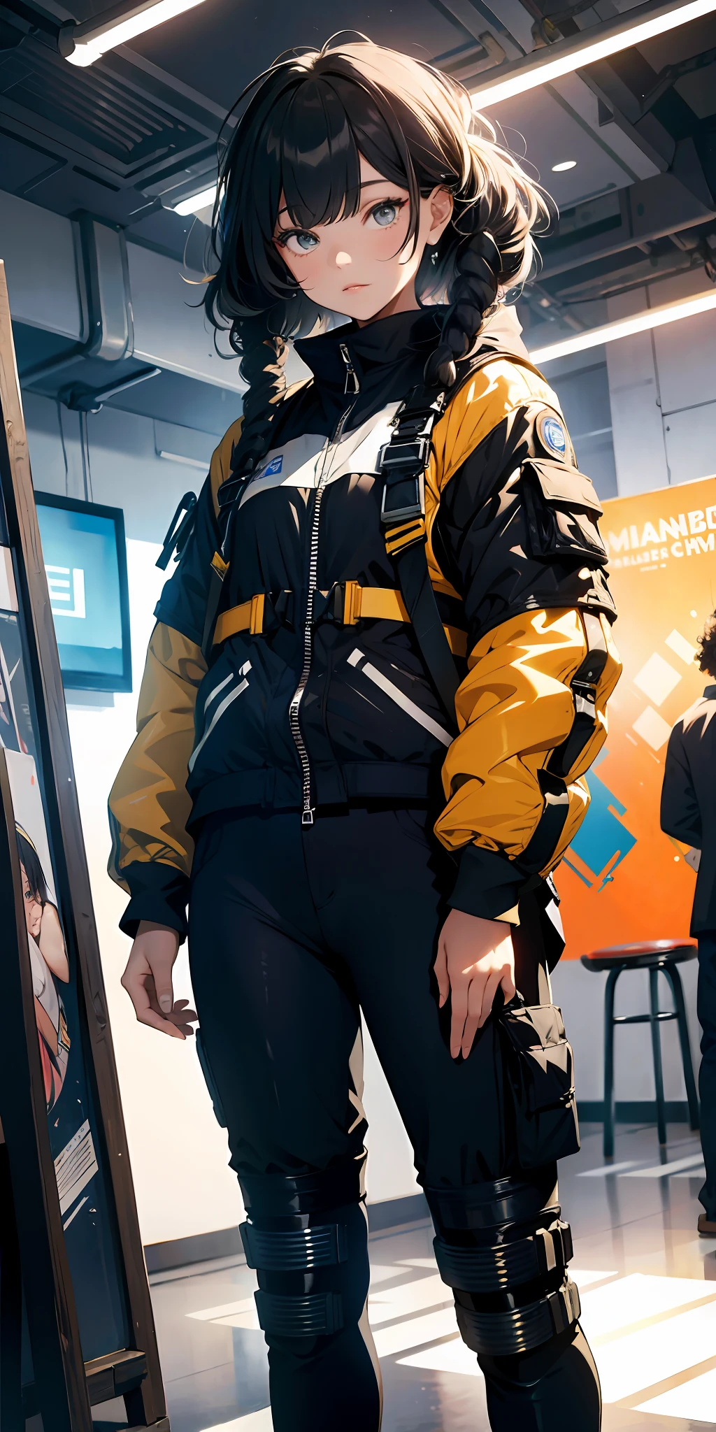 (masterpiece:1.4), 1girl, Wear a lightweight spacesuit, no helmet,absurdres, (masterpiece:1.4), ultra-detailed, 1girl, stand up, space uniform,2023 fashion, cyberpunk streetwear, black and yellow, black curly hair