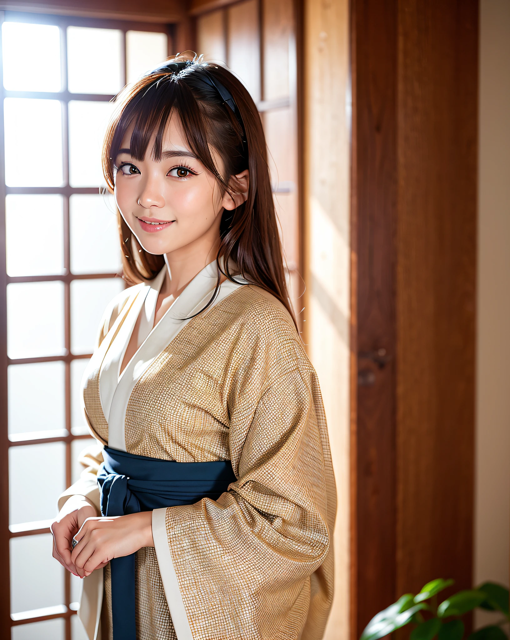 Top Quality, Face Focus, (Depth of Field), Ultra High Resolution, (Photorealistic: 1.4), RAW Photography, Japanese-Style Room, Alcove, Hanging Scroll (Portrait: 1.4) 1 Japan Girl, Solo, Cute, Smile, (Brown Eyes), Natural Face, (Midi Hair), (Kimono: 1.5), (Big)