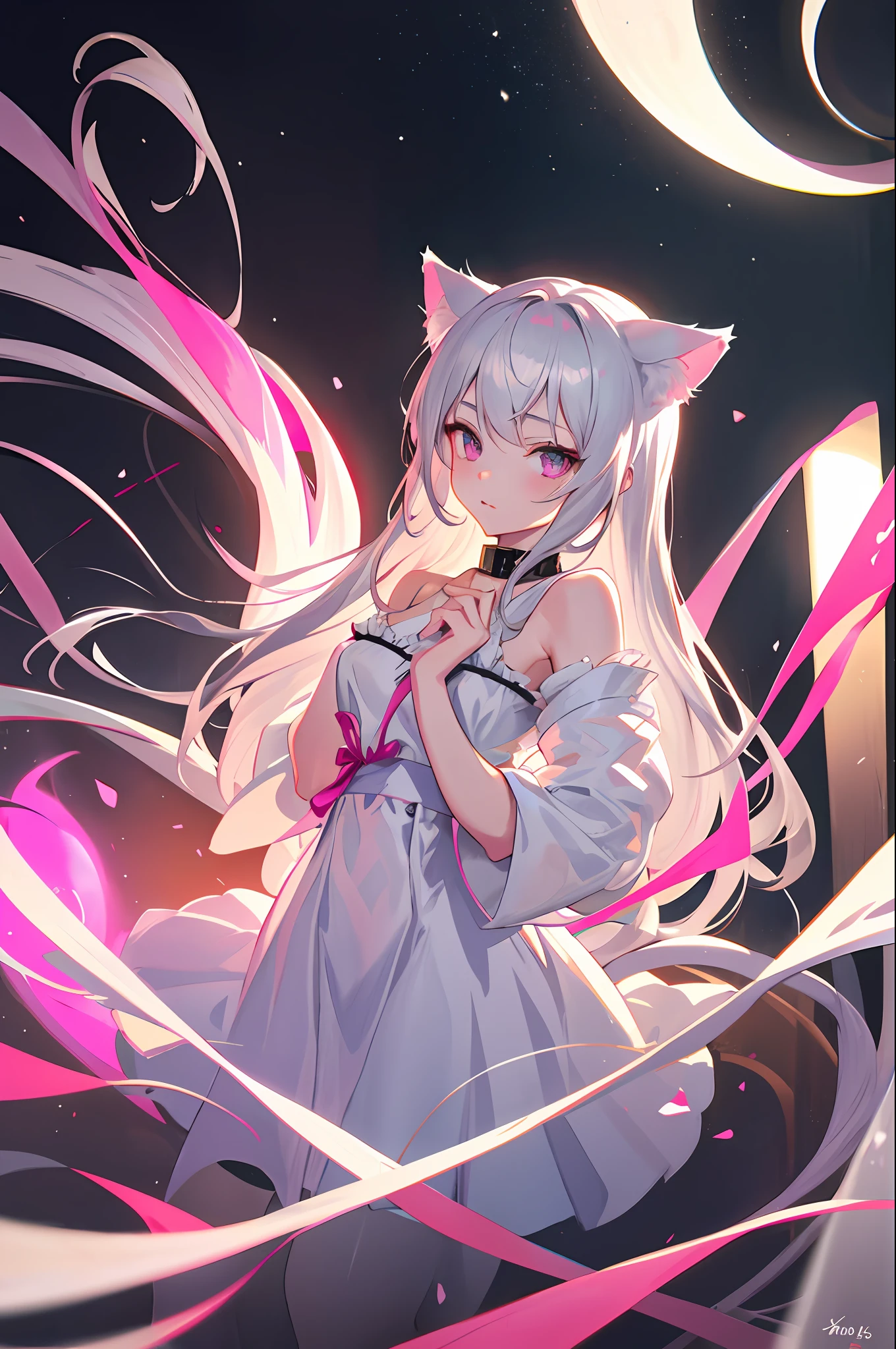 Best Quality, One Girl, Warm Lighting, Silver Hair on the Top of the Head and Pink at the Tips, Cute, Anime, Sheer White Skin, Asian Girl, Full Body, Sensual, Gentle Eyes, Cat Ears, Animation, Fantasy, Seductive, Shy Face, 14 Years Old, Frightened, White Dress, Collar, Tail, Wizard, Fantastic, Portrait, See-Through