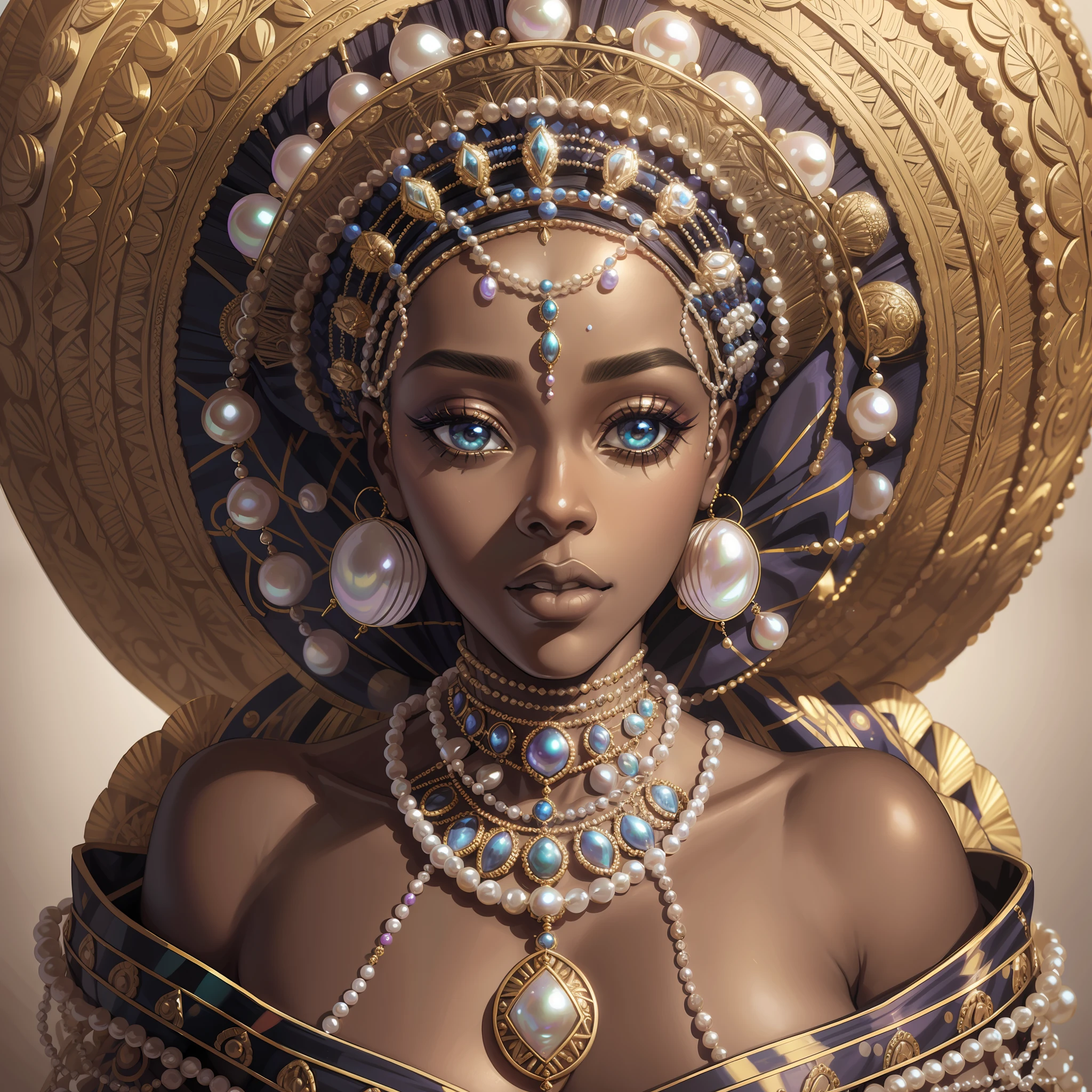 Epic hyperrealistic cinematic arafed woman wearing a beaded shawl and a pearl necklace, amazingly complex intricate exquisitely detailed portrait of ororo munroe, afrofuturism style, pearls, maria borges, beautiful animal pearl queen, strings of pearls, inspired by Carrie Mae Weems, wearing a dress made of beads, inspired by Gordon Parks, afrofuturism, photo of a black woman, by Lily Delissa Joseph