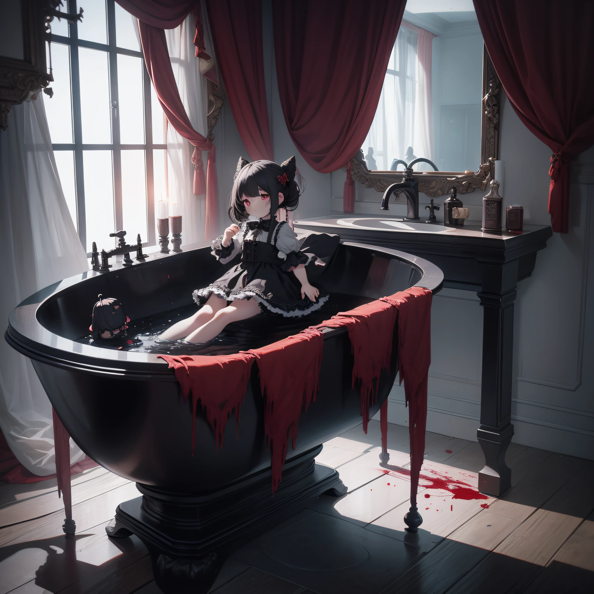 Absurd resolution, high resolution, (masterpiece: 1.4), hyper-detail, spooky toilet, 10cm scary humanoid doll, dark scary, blood