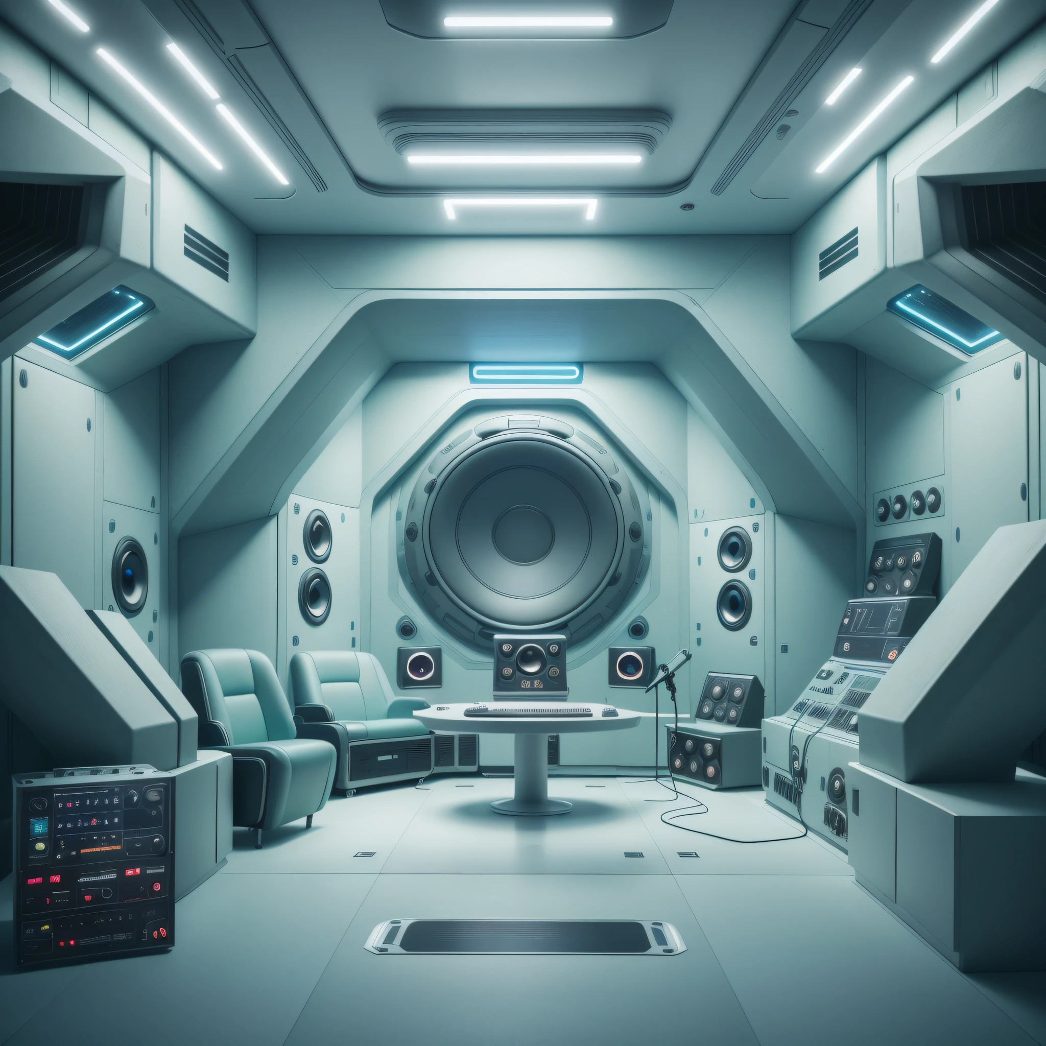 (back stage of a recording studio with a futuristic theme, which mimics the interior of a spaceship) inside ((scrbackrooms)),A futuristic recording studio that mimics the interior of a spaceship, with floating cameras, minimalist background with LED monitors, clear environment, predominant white color, with neo punk style details