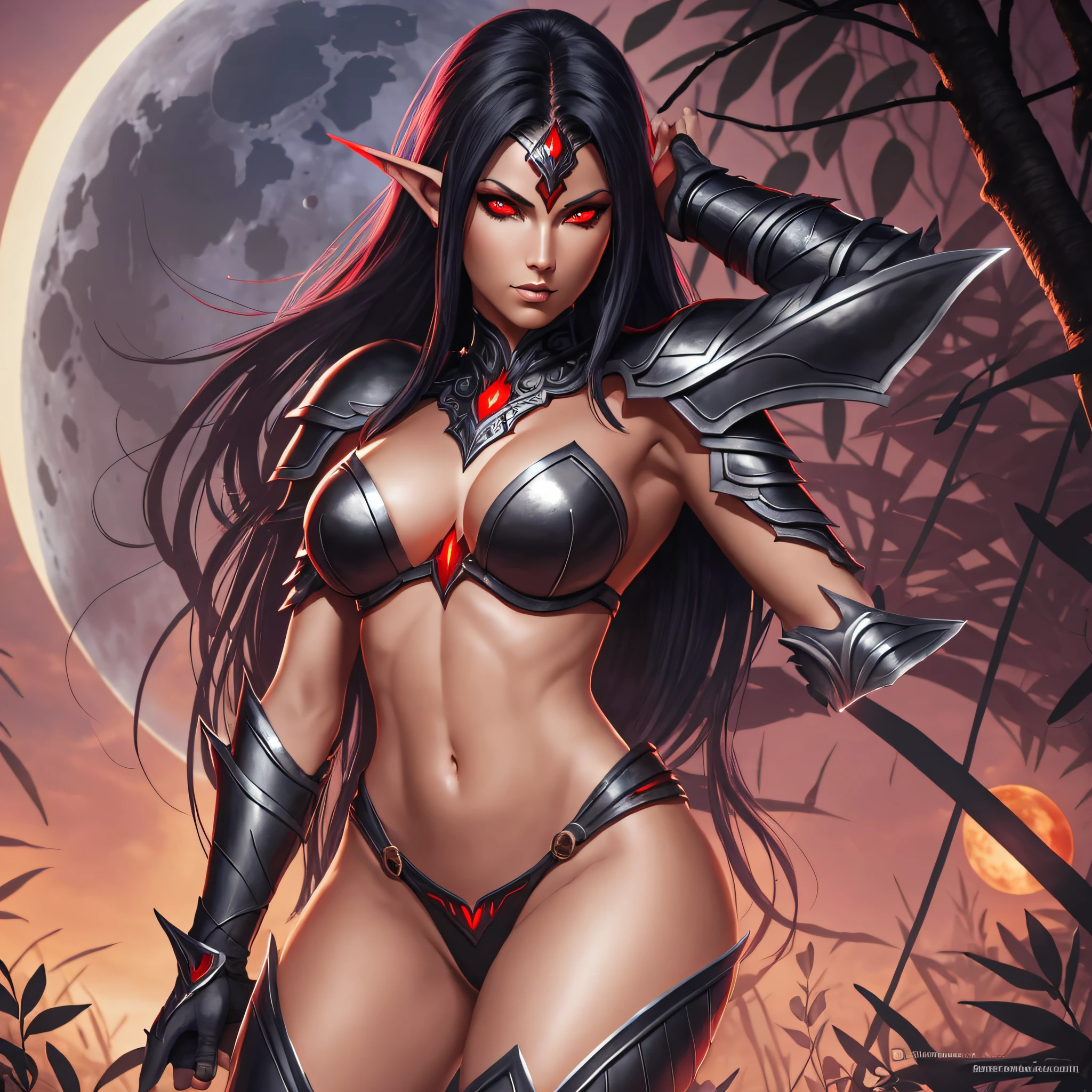 masterpiece, best quality, realistic, dark elf warrior woman with red eyes, half-naked with a small and sexy shiny black armor in the middle of the jungle at dusk with the moon shining, vector art --auto --s2