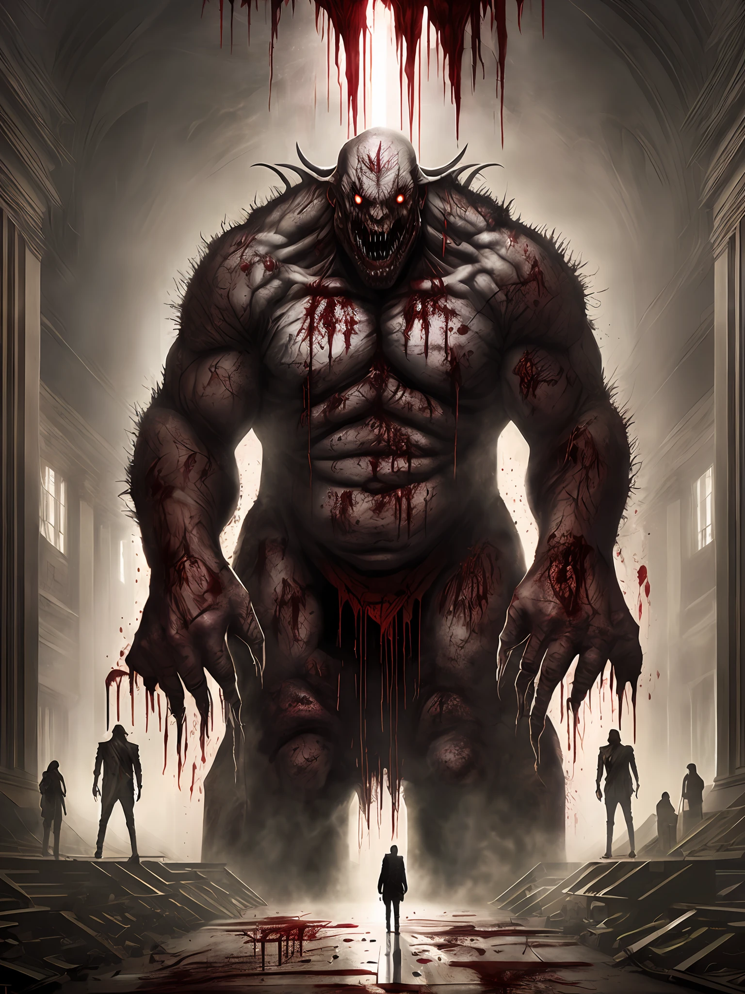 Masterpieces, blood, dense phobias, horror, giant monsters, apocalypse, towering giant, oppressive