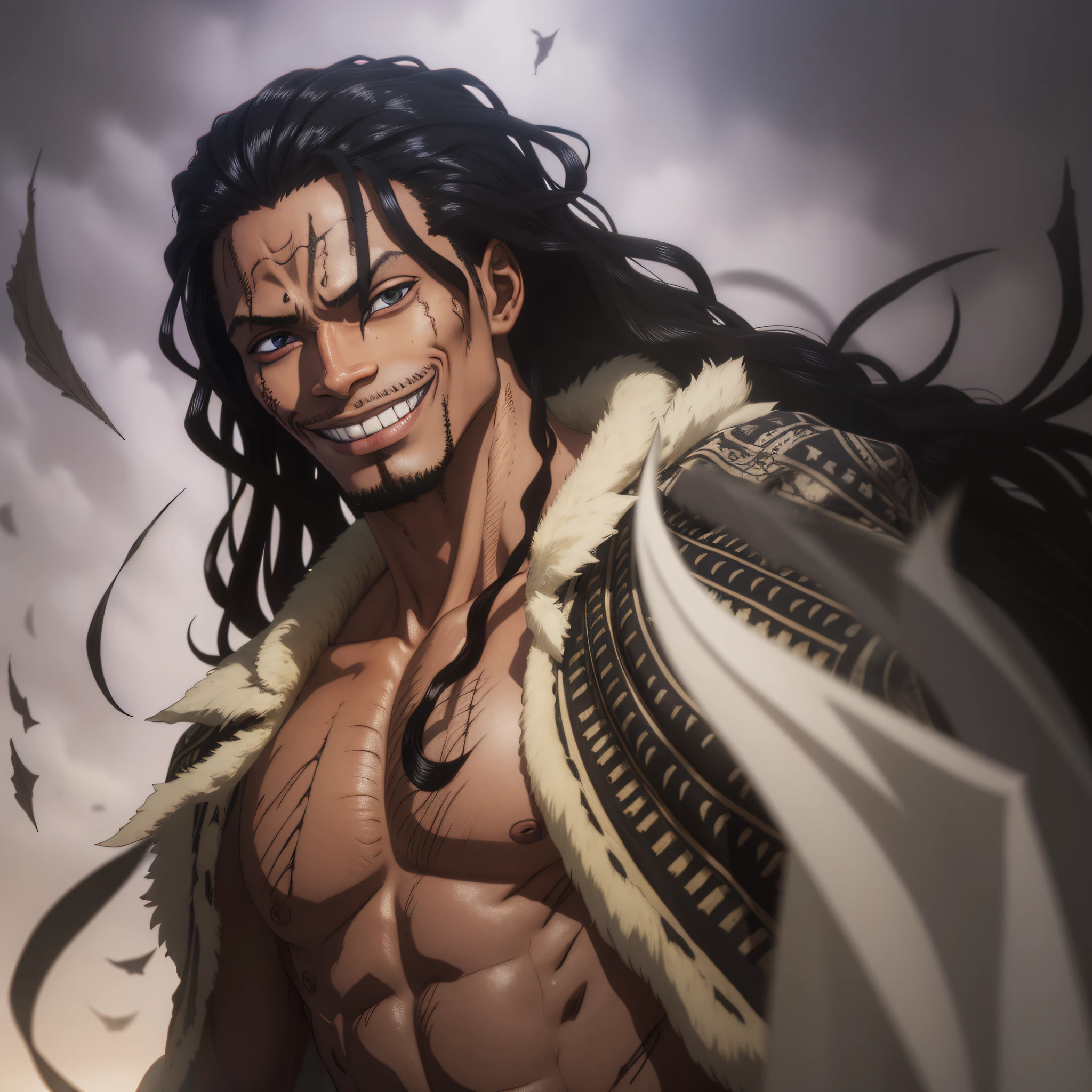Jhona is a black man, gray-eyed, with a scar in one eye, and a macabre smile, long hair.