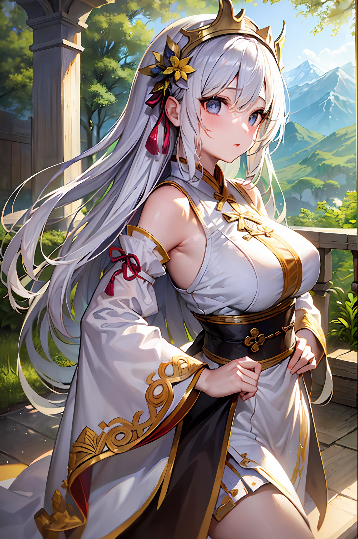 (Masterpiece: 1.5), (Best Quality: 1.5), (Super Fine: 1.5), Illustration, 1 Girl, Solo, (Building), Perfect Face, Radiant Skin, Long Hair, Beautiful Delicate Eyes, Beautiful Long Flowing Hair, (ru_qun: 1.5), (Hanfu: 1.5), Hanfu, White Dress, White Stockings, (Bloom), Lighting, Ray Tracing, Outdoor, Mountains, Nature, Hair Accessory, Headband, Hands on Hips, Looking at the Audience, Ahoge, Big Breasts, (depth of field: 1.5),