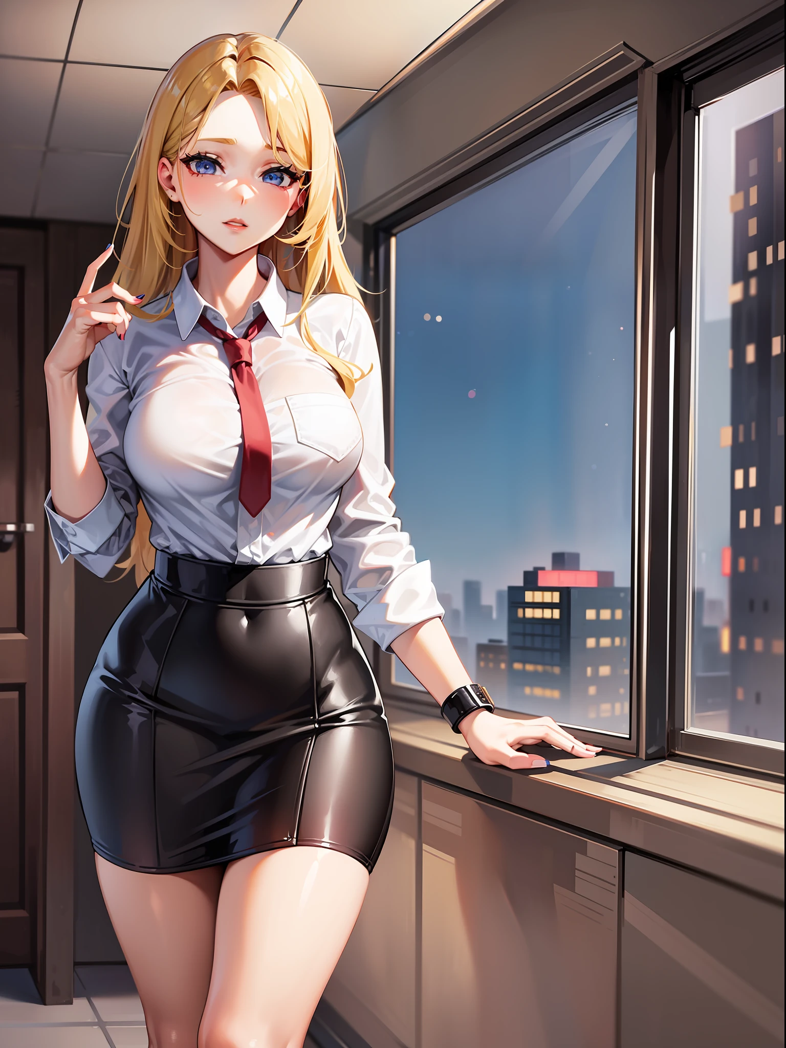 Full body photo of beautiful sexy secretary in a very short skirt and stockings with seams, stands_straight, (solo)), adult, high heels, craving, blonde, beautiful nails