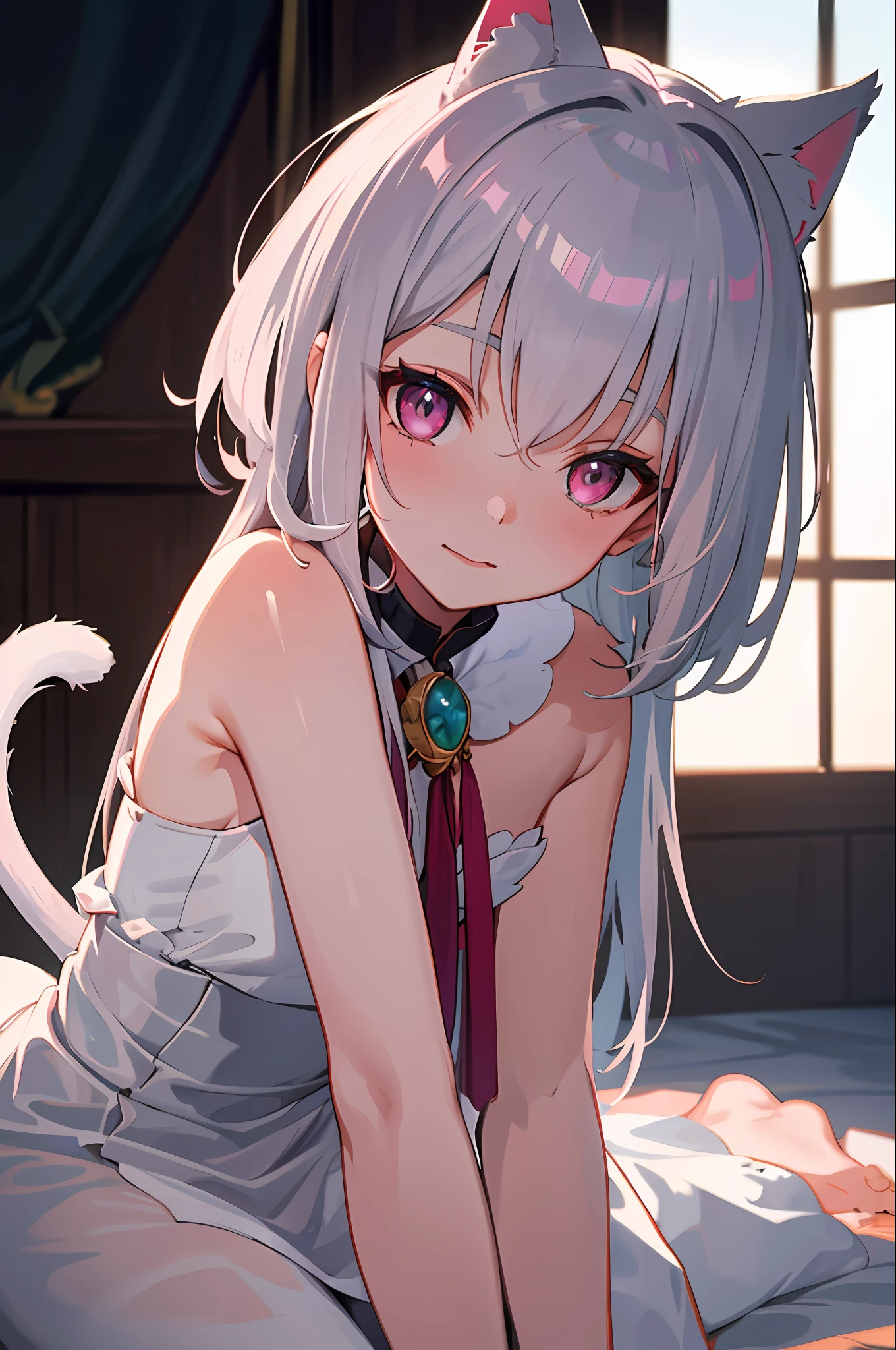 Best Quality, One Girl, Warm Lighting, Silver Hair on the Top of the Head and Pink at the Tips, Cute, Anime, Sheer White Skin, Asian Girl, Full Body, Sensual, Gentle Eyes, Cat Ears, Animation, Fantasy, Seductive, Shy Face, 14 Years Old, Frightened, White Dress, Collar, Tail, Wizard, Fantastic, Portrait, See-Through