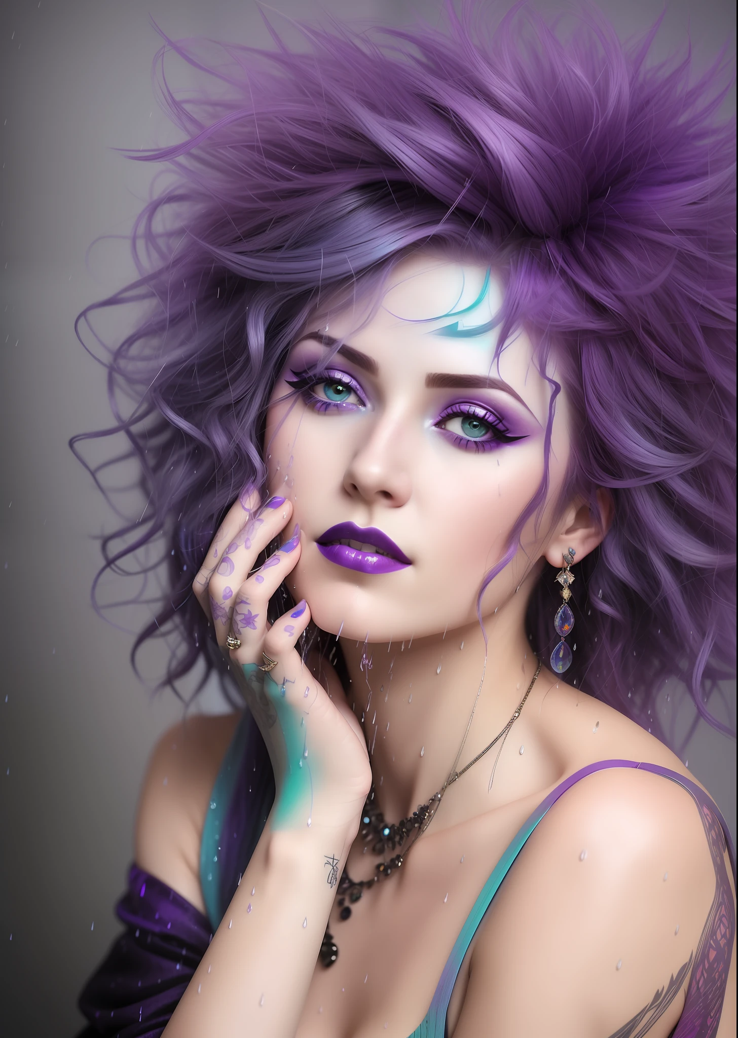 magazine cover, cover, with title logo, with text design, alafed woman with purple hair and blue eyes and purple hair, portrait color glamour, color photo portrait 4k, color portrait, creative colorful-makeup, dirty woman with iridescent hair, female purple hair portrait, editorial portrait, wet makeup, rain portrait, leaky makeup, 8K artistic portrait photography, post-grunge portrait