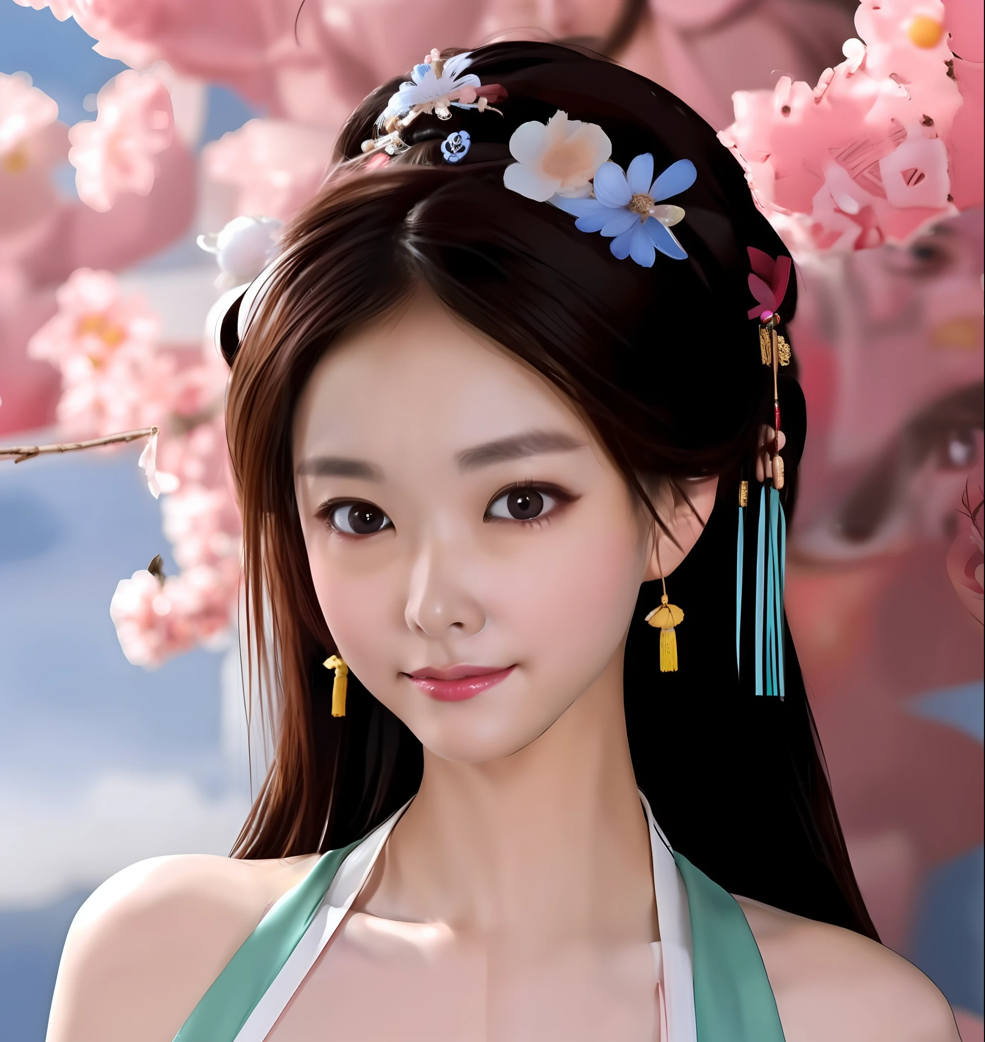 A girl, delicate face, big eyes, bright eyes, Chinese costume, close-up of face, close-up of eyes