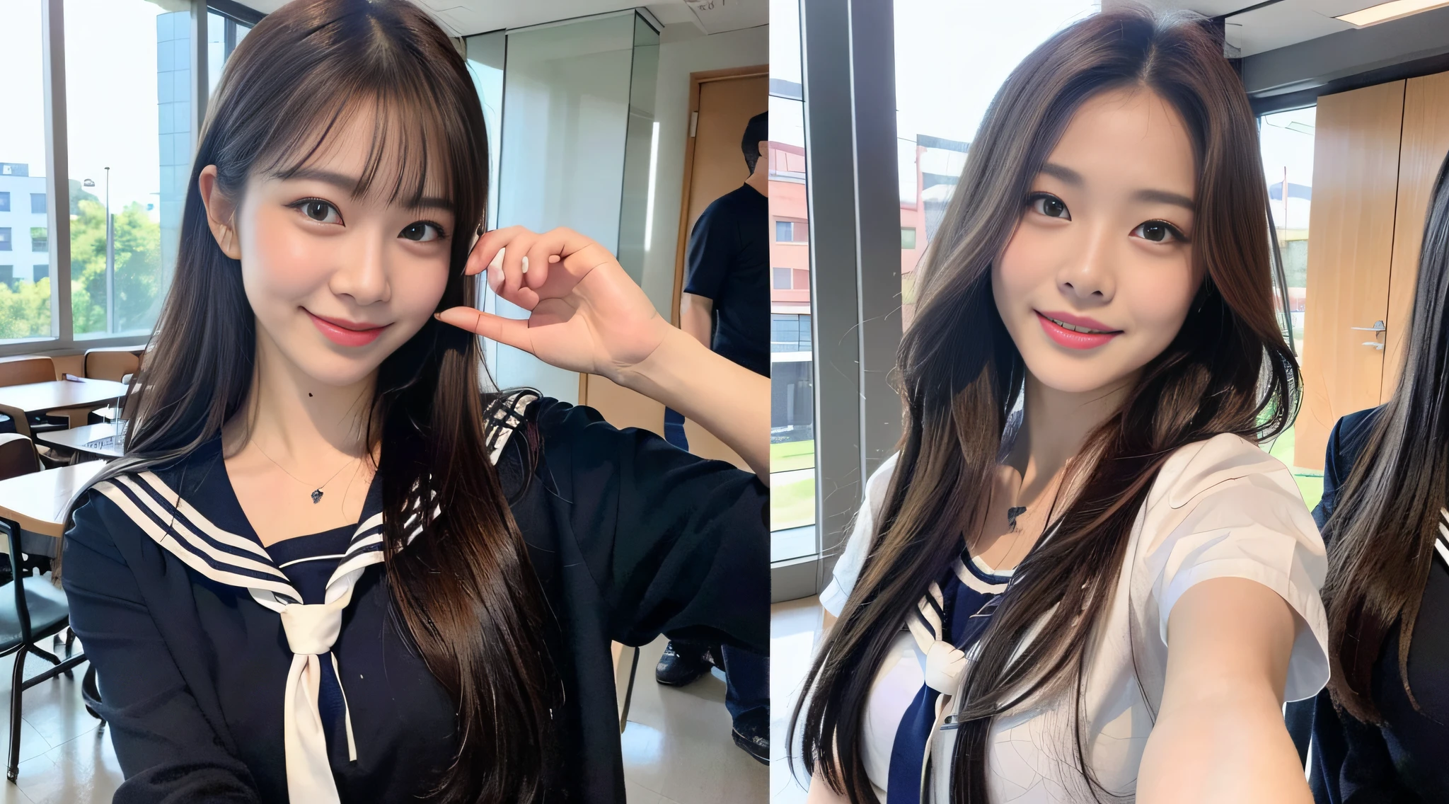 (8k, RAW photo, top quality, masterpiece: 1.2), super detail, super resolution, (realistic, real photo: 1.37), (photorealistic: 1.2), portrait, high resolution RAW color photo, professional photo, very detailed and beautiful, mouth open (looking at this with tongue out), cute pose (with armpit pose), white skin, fair-skinned woman proofreading, super high image quality, 8k wallpaper, amazing details, Nogizaka46 (looks exactly like Mario Gohyakujo)), very detailed beautiful girls, faces with different patterns, having a conversation in a school classroom, brown hair shining in the light, one is a ponytail, modern cute schoolgirl, very detailed face very detailed eyes, very realistic skin, very detailed fingers, very detailed nose, very detailed mouth, perfect anatomy, Very detailed sailor suit, very detailed background, after school, smiling school girls are gathered in the hallway of the school. They are in uniform, and the blackboard is faintly visible in the background. The bright windows illuminate the classrooms, revealing the details of their hair and uniforms. They enjoy chatting in natural poses and seem to have memorable conversations. Smiles are overflowing and fun spreads in the hallwaysSome of them have sticking out their tongues, Famous Japan idols, Cute, realistic body, Slender, White skin, Radiant skin, Slim body, Long straight hair, (dull bangs: 1.2), Schoolgirl youth Celebrity-level cuteness , (pink eye shadow) ((Drawing a picture of a heart under the eyes)) heart, ♡