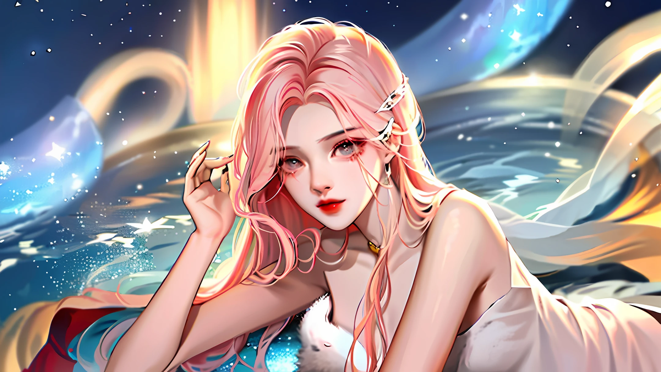 First love, fair skin, slender body, delicate appearance, loose hair, a small clip of a cat, eyes like stars, like a god-like girl