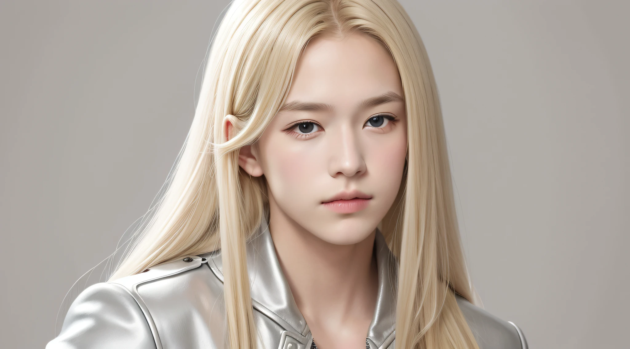 masterpiece, best quality, realistic, CHILDREN BLONDE hair, long hair, SILVER JACKET, broad shoulders, small head, upper body, (white background: 1.3), mouth closed.