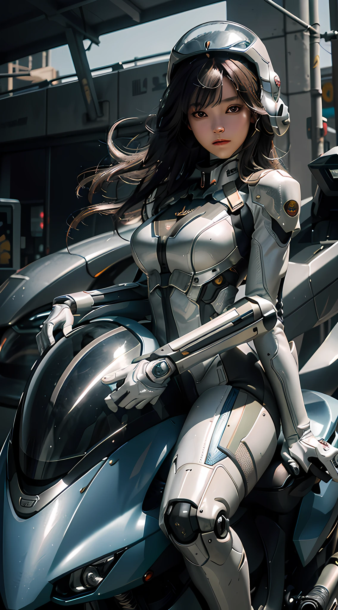 Highest image quality, outstanding detail, ultra-high resolution, (fidelity: 1.4), the best illustration, favor details, highly condensed 1girl, with a delicate and beautiful face, wearing a mecha in platinum, wearing a mecha helmet, holding a direction controller, riding on a motorcycle, the background is a high-tech lighting scene of the future city.