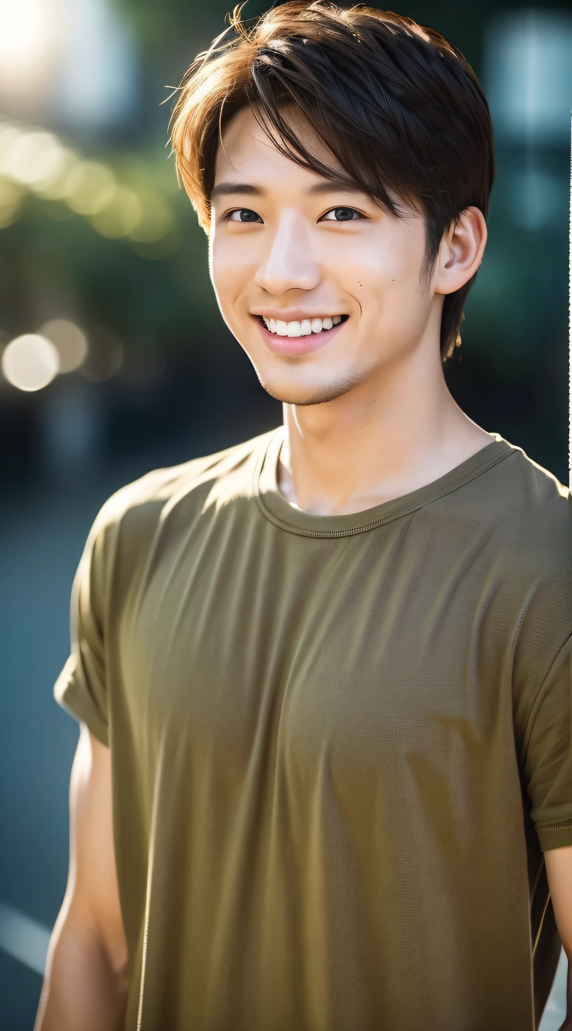 a man, about 25years old, light brawn hair, smiling, hazel eyes, sharp focus, cinematic shadows,