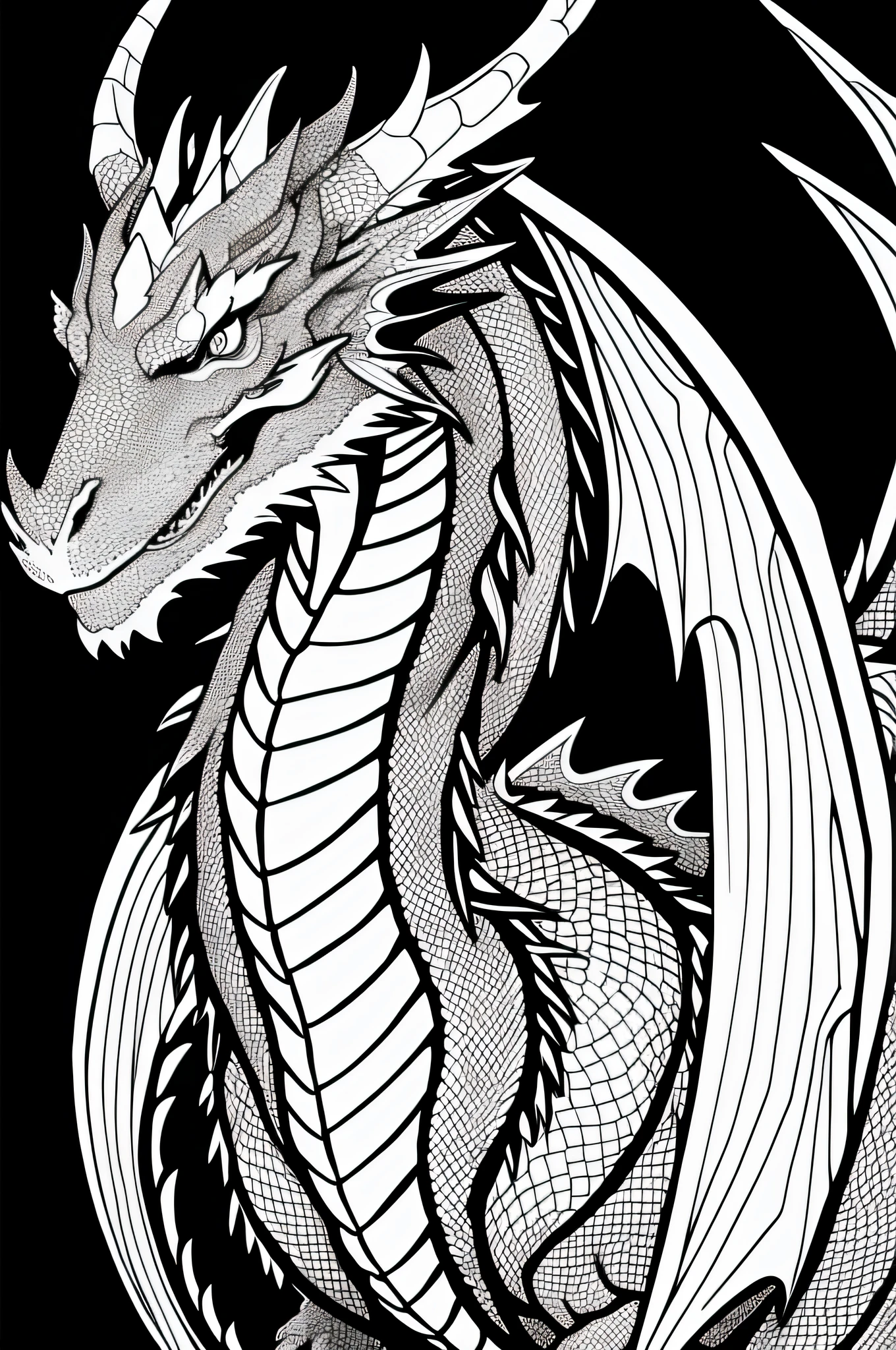 Coloring page Dragon style portrait black white background