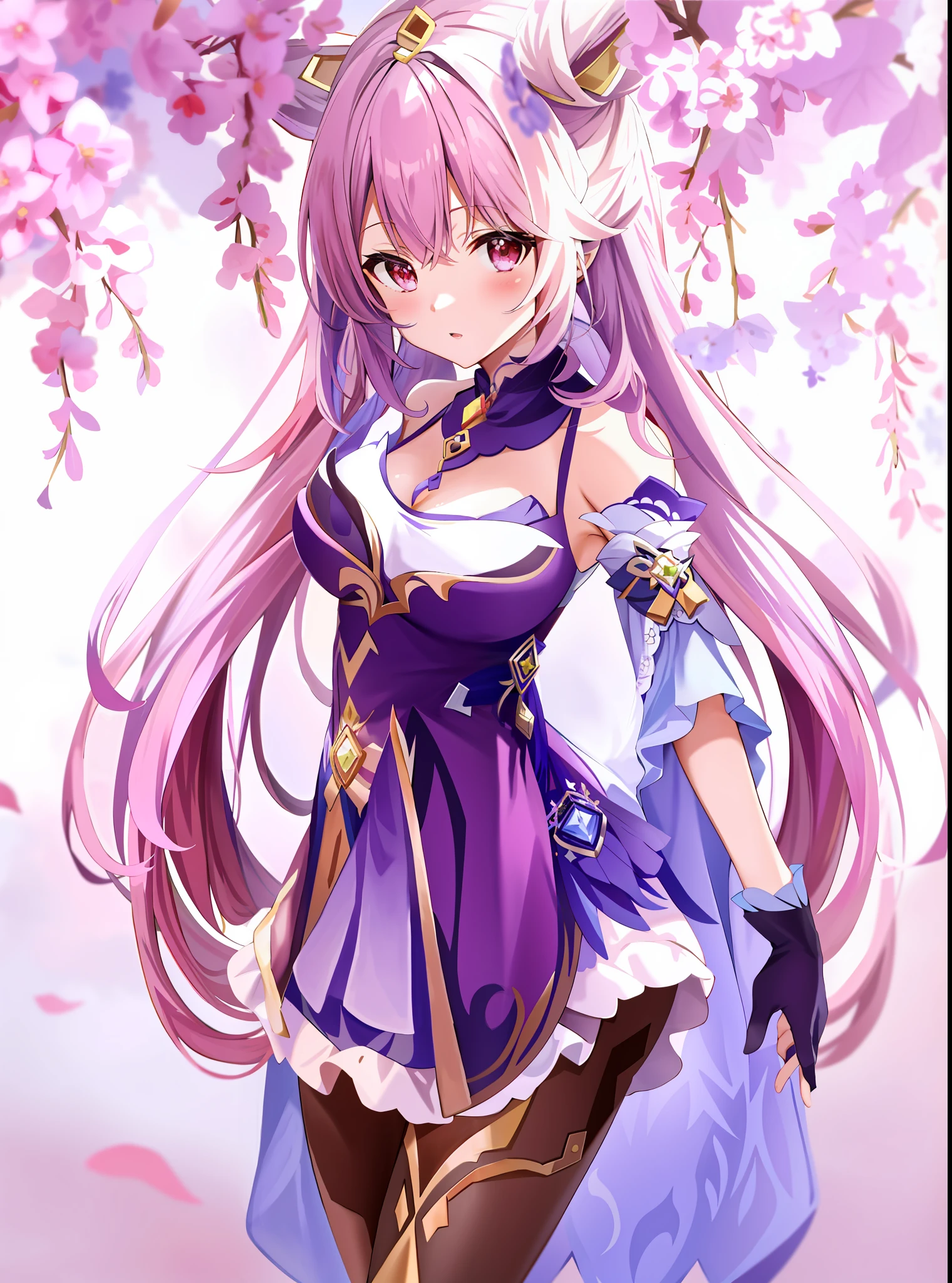 Anime girl with long hair and purple dress standing under a tree, Ayaka Genshin Impact, cute anime Huaifuku wearing beautiful clothes, anime vision of cute girls, splash art anime loli, Ayaka game Genshin Impact, Anime goddess, Beautiful fantasy anime, Kokiyo from Genshin Impact, from Azure Alley video game, Alchemist Girl, Gigantic breasts