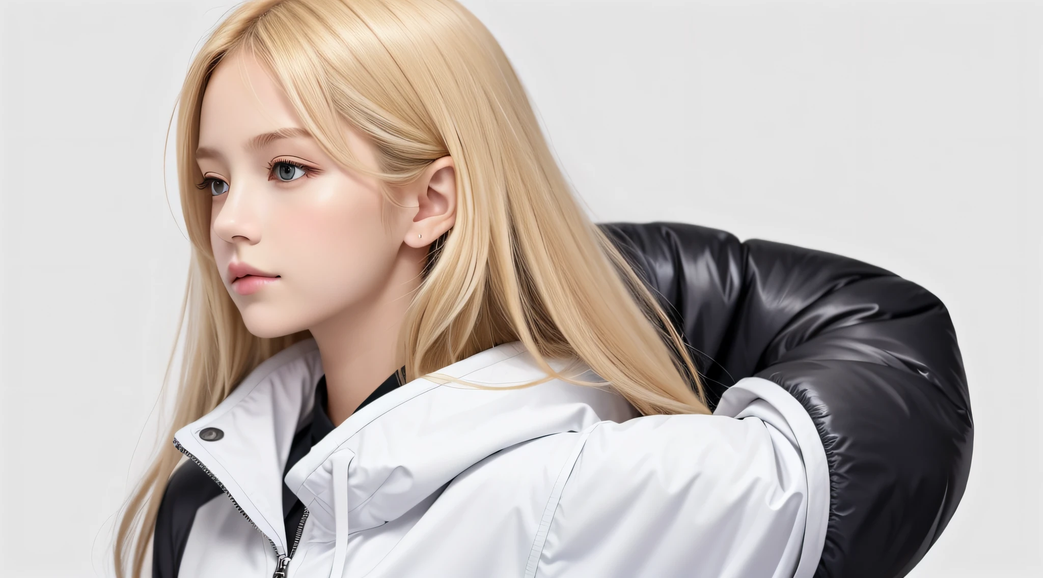 masterpiece, best quality, realistic, KIDS GIRLS BLONDE HAIR, LONG HAIR, SILVER JACKET, BROAD SHOULDERS, SMALL HEAD, UPPER BODY, (WHITE BACKGROUND: 1.3), mouth closed.