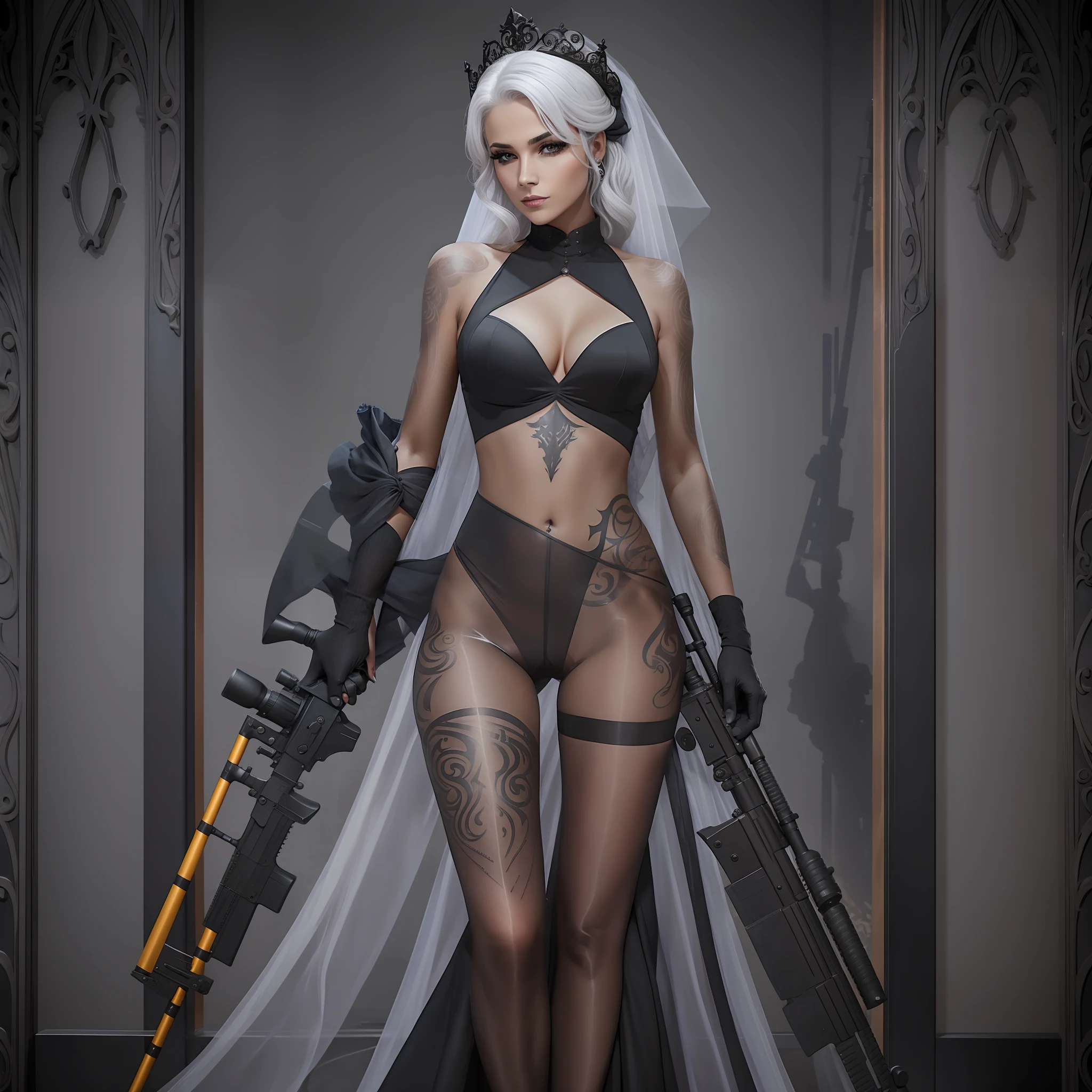 A woman holding a sniper rifle, wearing a black sexy wedding dress, body tattoos, silver hair, dark Gothic queen, full body photo