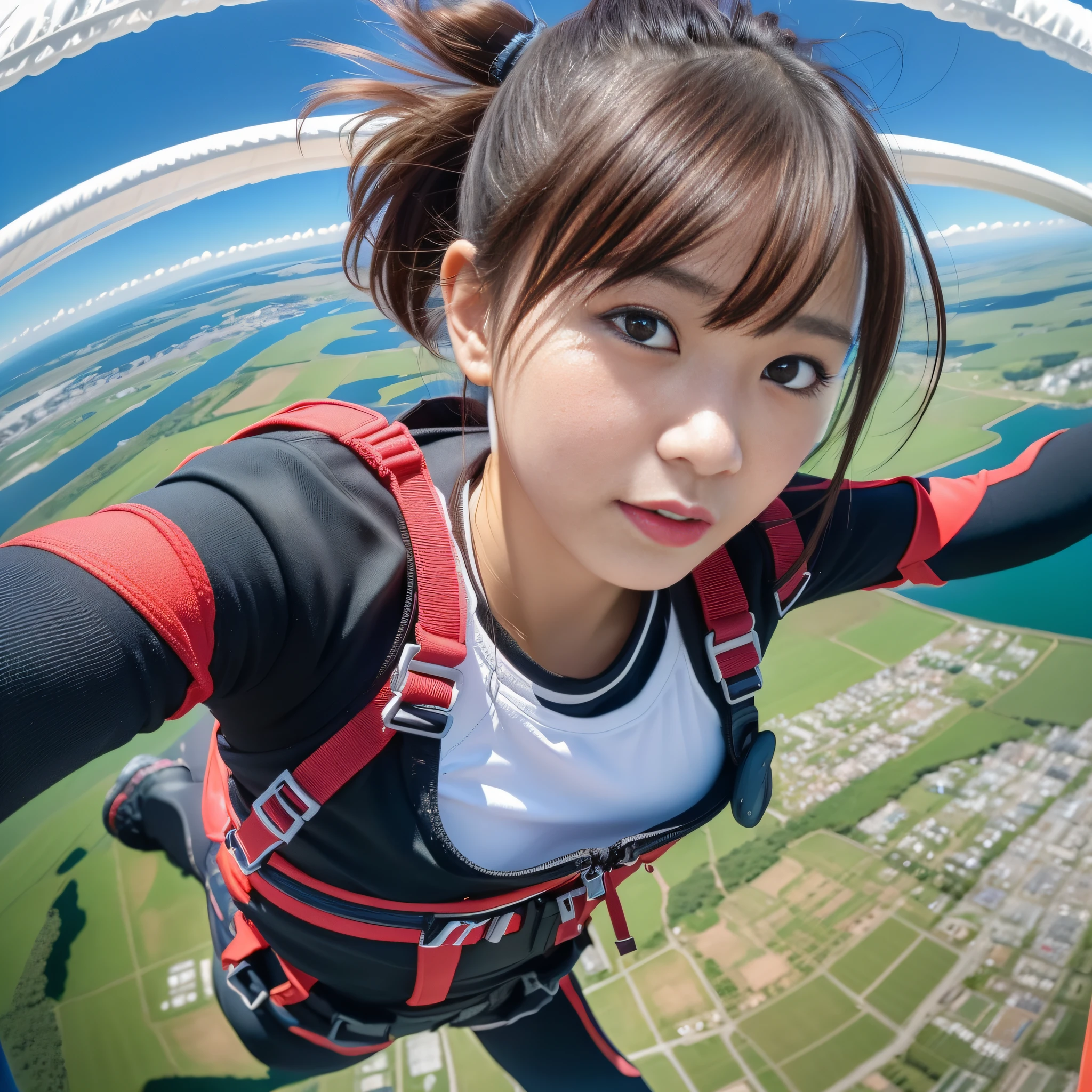 32K,High Definition、Real Photostic、One Japan Girl,Extreme Sports Photography,Skydiving,Parachute Open,Falling from 4000M,Thrilling,Nervous,Happy,Selfie Medium Shot,Half Body Shot,Background Sky,Land, Sea,Lake Bird's Eye View,High Texture,Realistic Effects