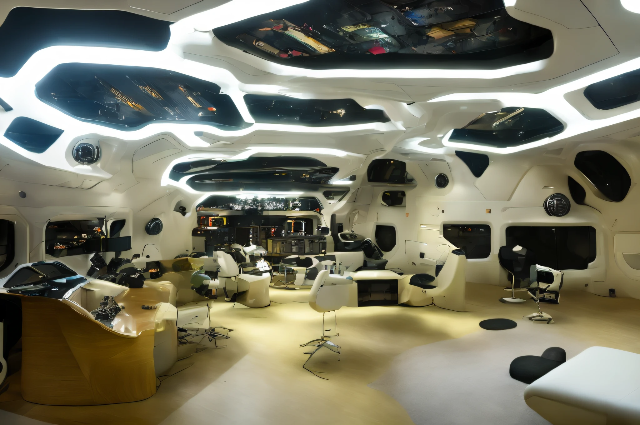 (back stage of a recording studio with a futuristic theme, which mimics the interior of a spaceship) inside ((scrbackrooms)),A futuristic recording studio that mimics the interior of a spaceship, with floating cameras, minimalist background with LED monitors, clear environment, predominant white color, with neo punk style details