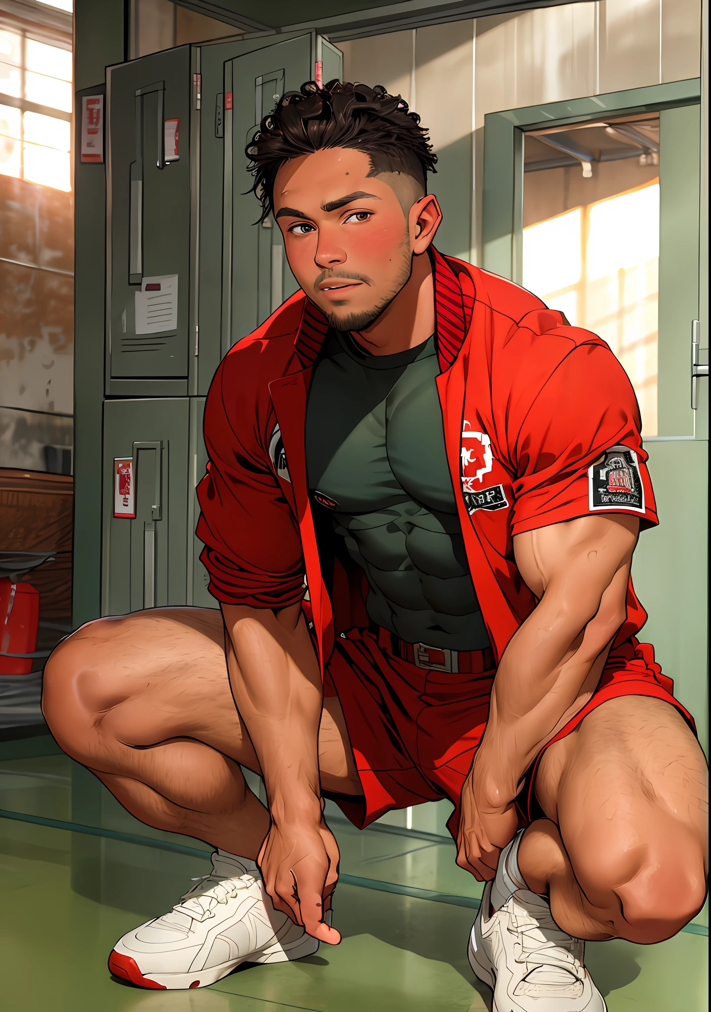 (masterpiece, best quality ), 1man, muscular, short hair, brown eyes, intricate, (locker room) , full body, white baseball uniform, open red jacket, vivid colors,(depth of field:1.2),(abs),blush, looking at viewer, on floor, spread legs,