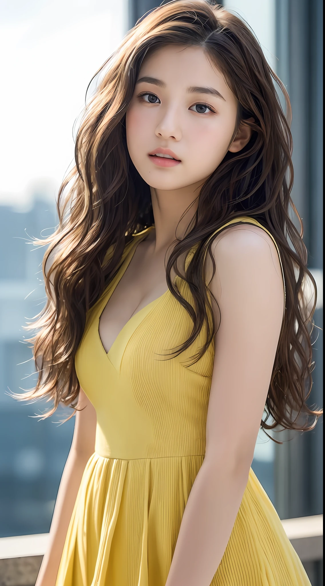 Top quality, realistic, perfect human body structure, very detailed, very delicate and beautiful, RAW photos, night city, white floundering long skirt, yellow camisole, professional lighting, face lighting, depth of field, single focal, full body photo, 13 year old woman, brown hair, brown eyes, small head, (((big)), baby face, fashion girl, beautiful eyes, real face, real skin, real face, realistic skin, detailed eyes, (wavy hair:1.3), sexy pose, viewer, detailed face and chest look, middle school student