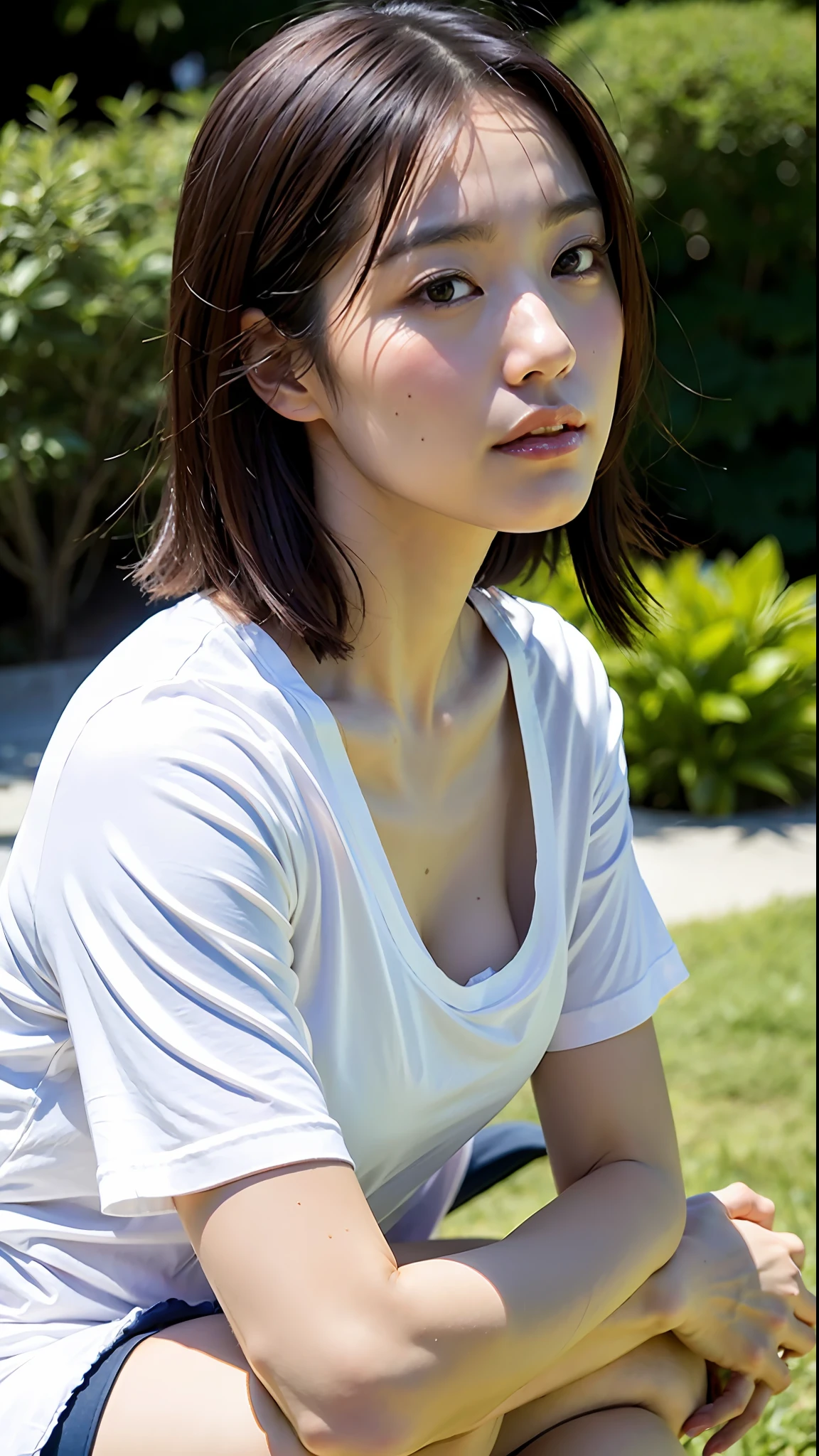 (Best Quality, 8k, 32k, Masterpiece, UHD: 1.2), Cute Japan Woman Pictures, Black Short Hair, Beautiful Face, (Slouch: 1.3), Squatting, (from Top: 1.2), (Close-Up: 1.4), POV, Big Breasts, Cleavage (:0.9), Outdoors, Wind, Shiny Skin, Blurred Background, White Simple T-Shirt