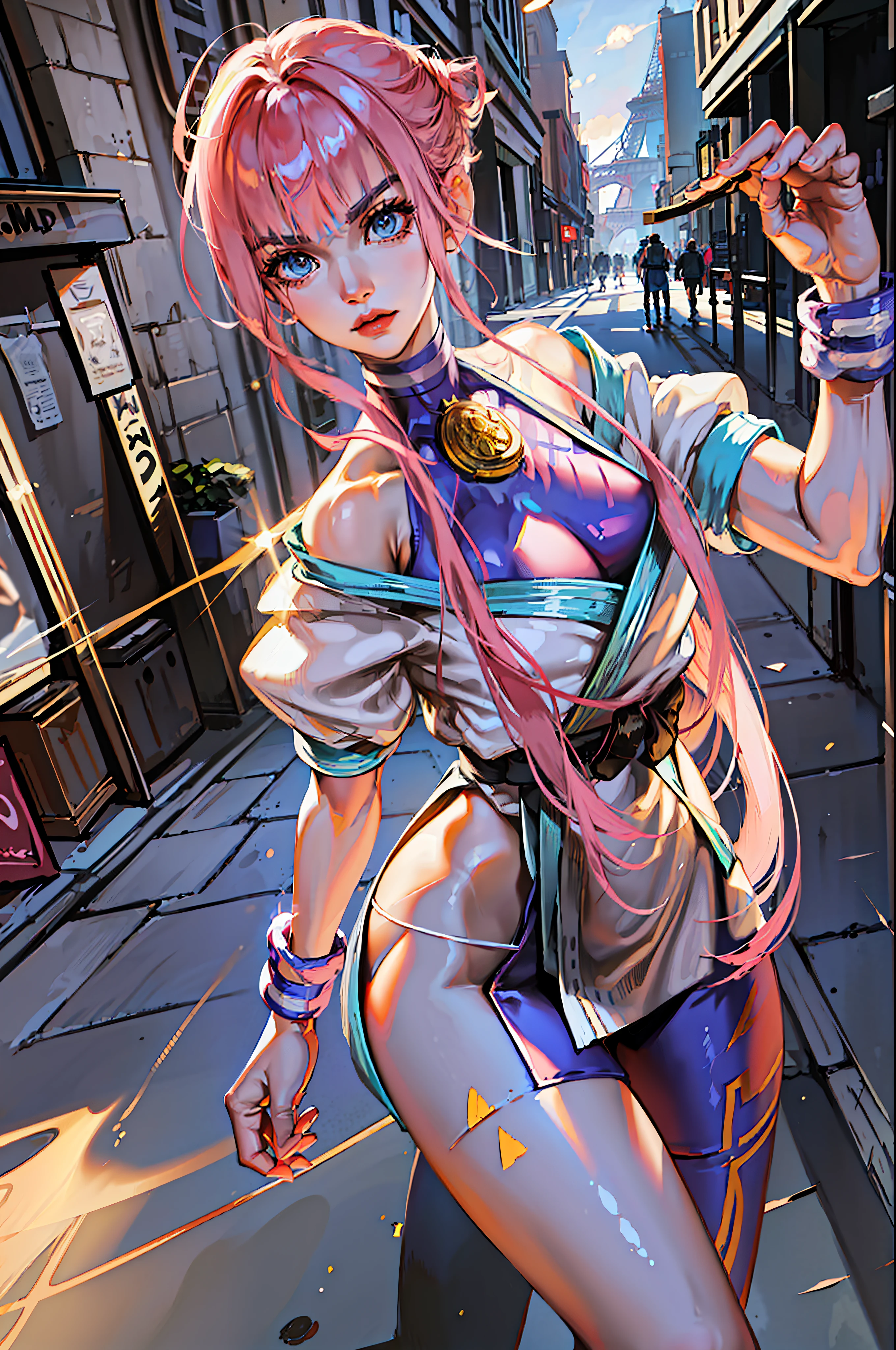 ((Best Quality, 8K, Masterpiece: 1.3)), (Fractal Art: 1.3), ((A Manon in line with Street Fighter 6 official, doing the opening action of the game)), Short pink shiny hair, (Manon wearing a Street Fighter 6 costume), European French, supermodel_body and face, 30 years old, mature, detailed face, detailed skin texture, angular face, (long eyes: 1.2, large eyes, Obvious eyelids, long eyelashes), feminine expression, confident expression, long legs, perfect body proportions, medium chest, (fitness body, with obvious muscles), pink nails, perfect facial features, symmetrical face, high nose bridge, three-dimensional, full of confident eyes shining, best light, ray tracing, photon mapping, (in the distance is the Eiffel Tower, walking the red carpet in front of the palace, like a star shooting magazine, the focus of the whole scene, there are super many reporters on both sides of the red carpet to take photos, night, night, lively lights), official illustrations, Game character CG, (texture of fine clothes), (shot with a DSLR camera from a distance, shooting angle from top to bottom), complex reflections, the blingbling golden and sliver glitter on the body: 1.6, shiny powder shining because of reflection Very dazzling, light particles, sharp)