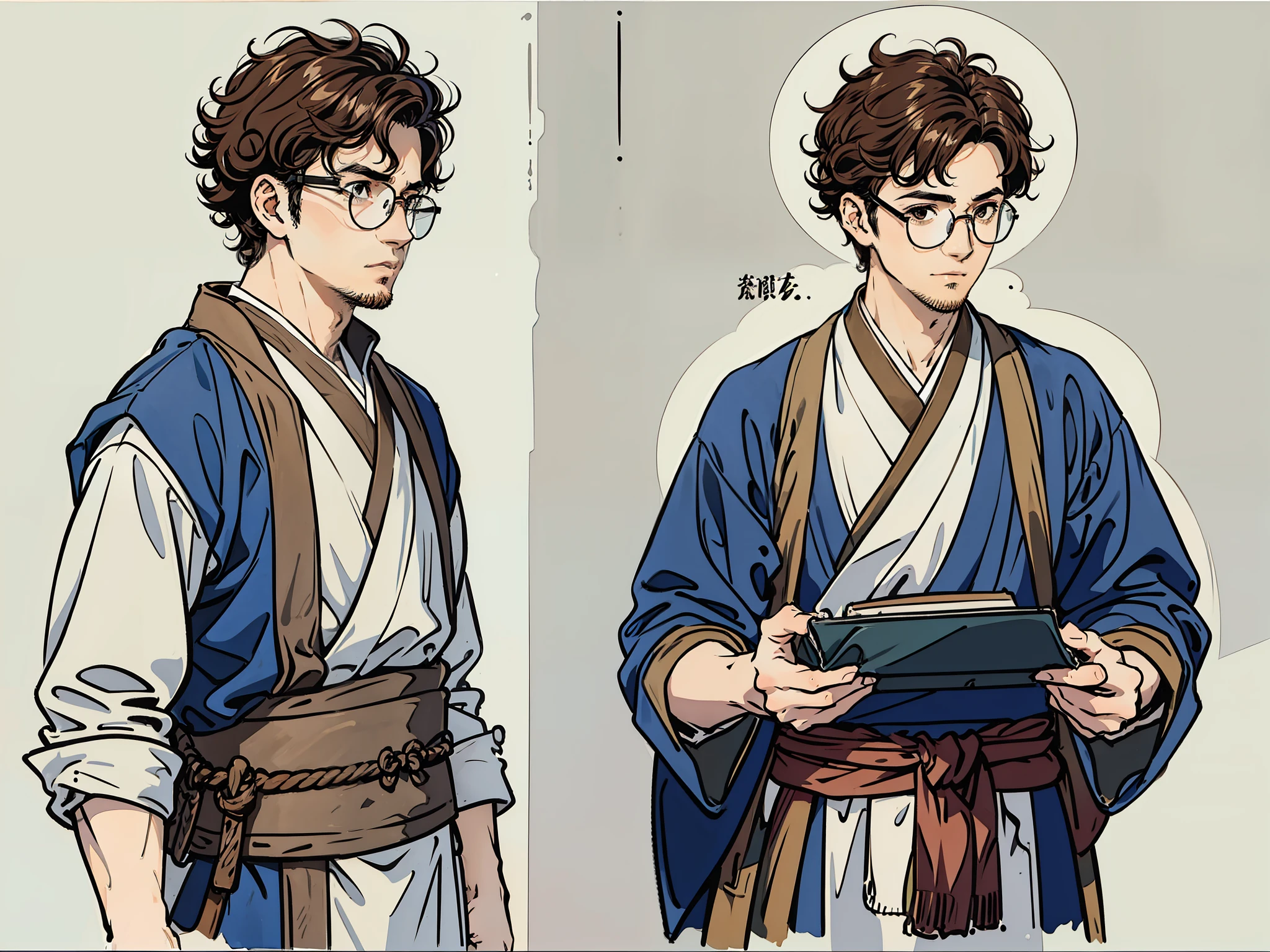 ((masterpiece)),((best quality)),(character design sheet, same character, front, side, back), illustration, ung man, brown hair color, curly hair 3b, medium curly hair, illustration, forward hairstyle, brown eyes, wayfarer glasses, thin beard, illustration, environment Scene change, male, old Japanese samurai, (single background, white background: 1.3) --auto --s2