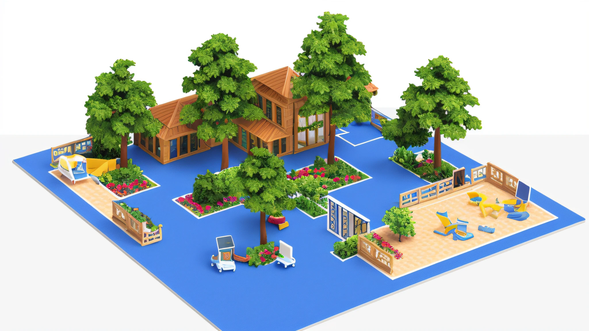 Desktop ornaments, nursing home sand table model, interactive model, map layout, house, pavilion, chess and card room, garden, room, outdoor interactive sand table model, isometric style, accurate 120 degrees, poly art, stylized 3D rendering, sand table model, 3D stylized scene