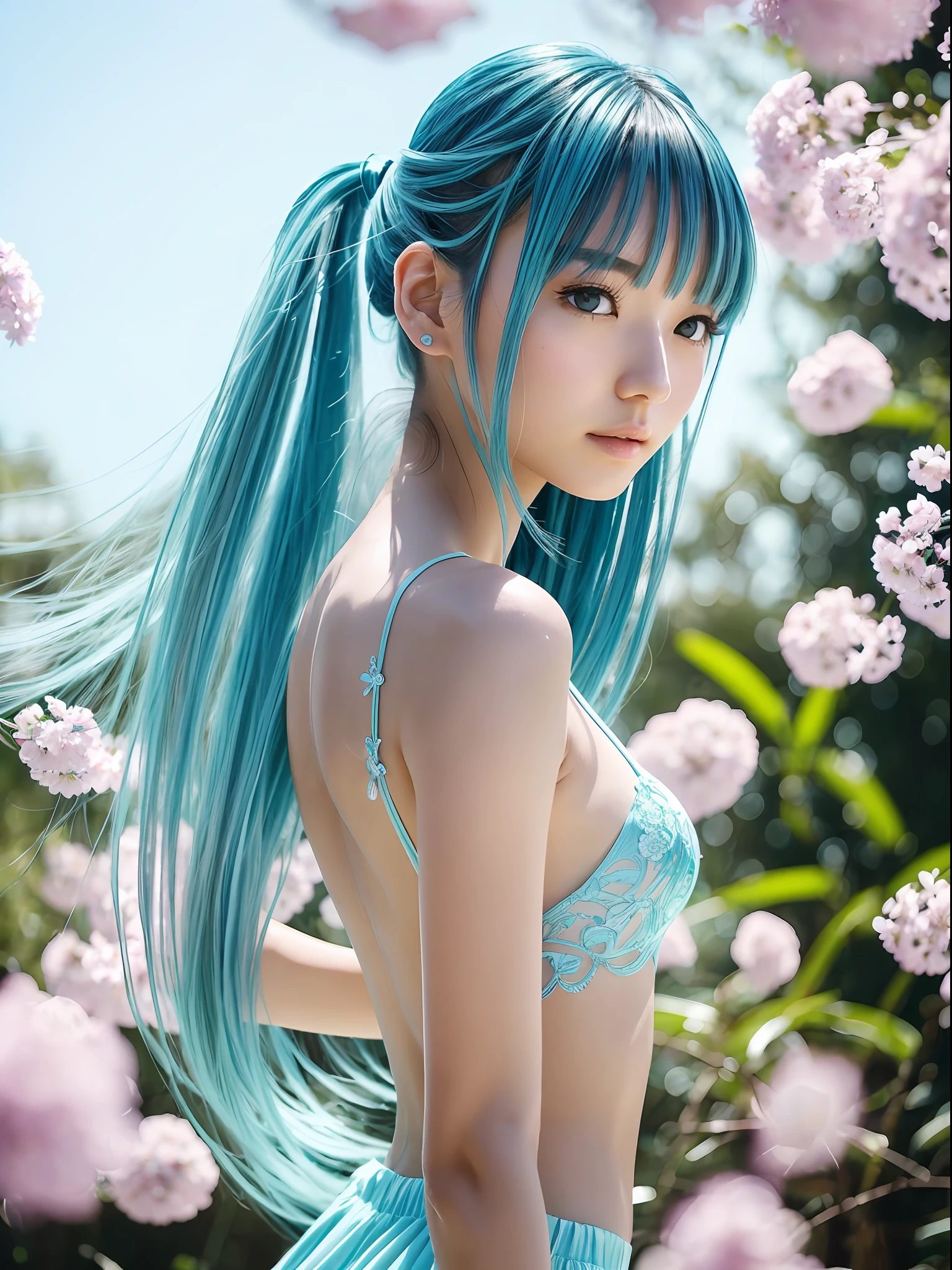 Ultra-thin transparent lotion, naked, legs apart, seen from below, (masterpiece), (best quality), (ultra detailed), (disheed hair), (illustration), (1girl), (Fashionable clothing), standing, Fashion model, looking at viewer, ( interview), (simple background), beautiful and delicate eyes, delicate beauty, floating, (high saturation), (colorful splash), colorful bubbles, (shine), focus on face, ponytail, ayaka kamisato, light blue hair, bangs, hair circle, floating flowers, flowing hair, (shiny), best lighting, best shadow,
